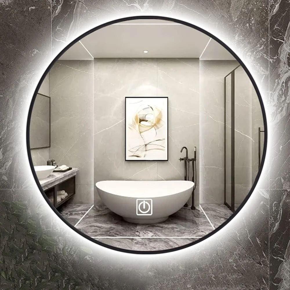 آینه گرد نورپردازی شده حمام - آینه آرایشی دیواری با نور LED - قاب مشکی با نور پس زمینه - نور سفید/نور گرم - ضد آب IP44، دکمه لمسی نور سفید - 80 سانتی متر