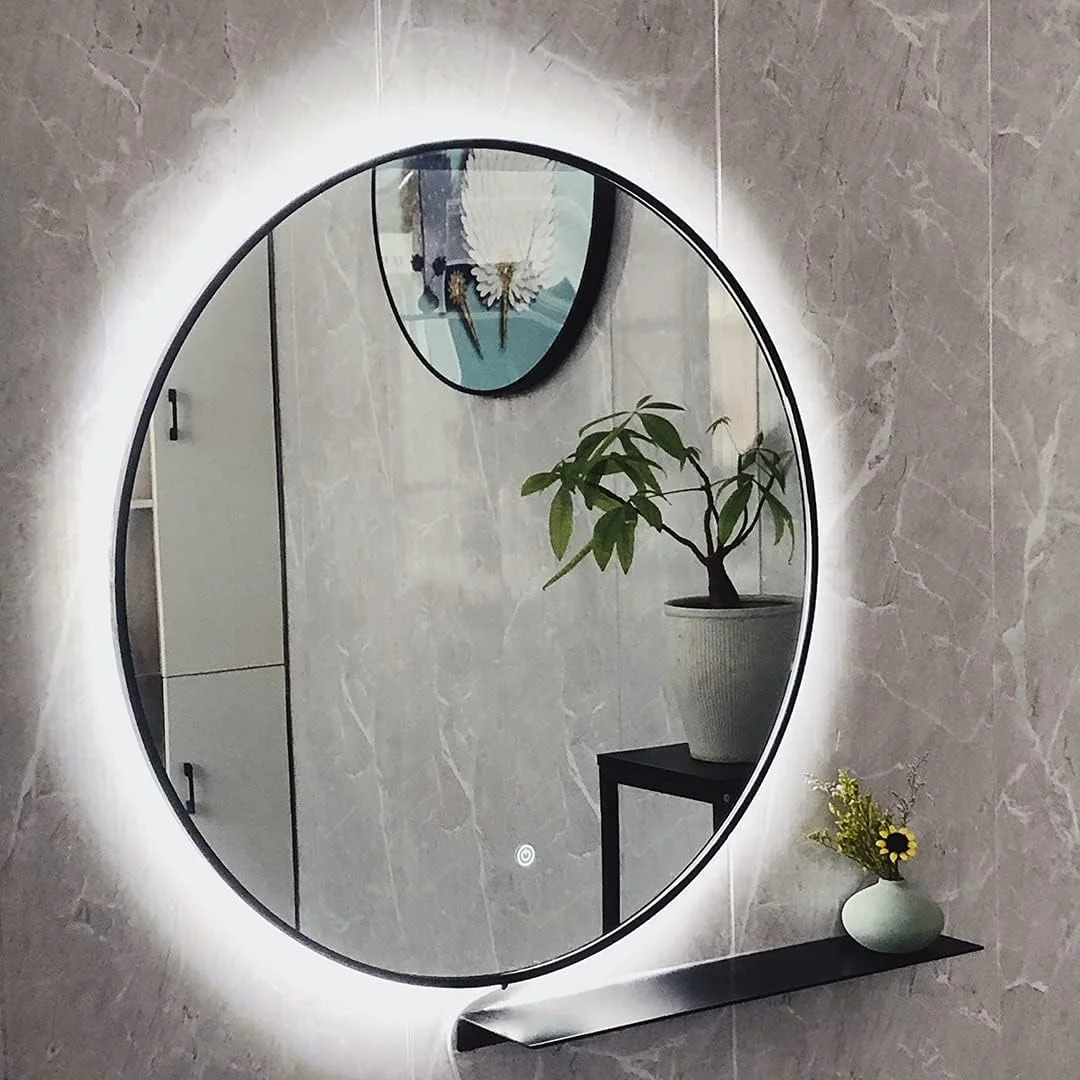 آینه گرد نورپردازی شده حمام - آینه آرایشی دیواری با نور LED - قاب مشکی با نور پس زمینه - نور سفید/نور گرم - ضد آب IP44، دکمه لمسی نور سفید - 80 سانتی متر