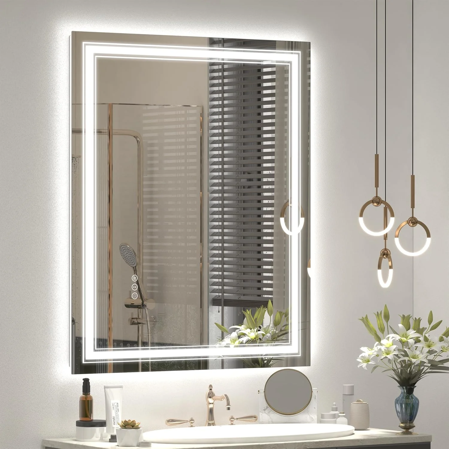 آینه حمام ال ای دی 30x36، آینه نورانی برای دیوار حمام، نور پس زمینه و جلو، دیمر دار، ضد بخار، مقاوم در برابر شکستن، حافظه دار (افقی/عمودی)