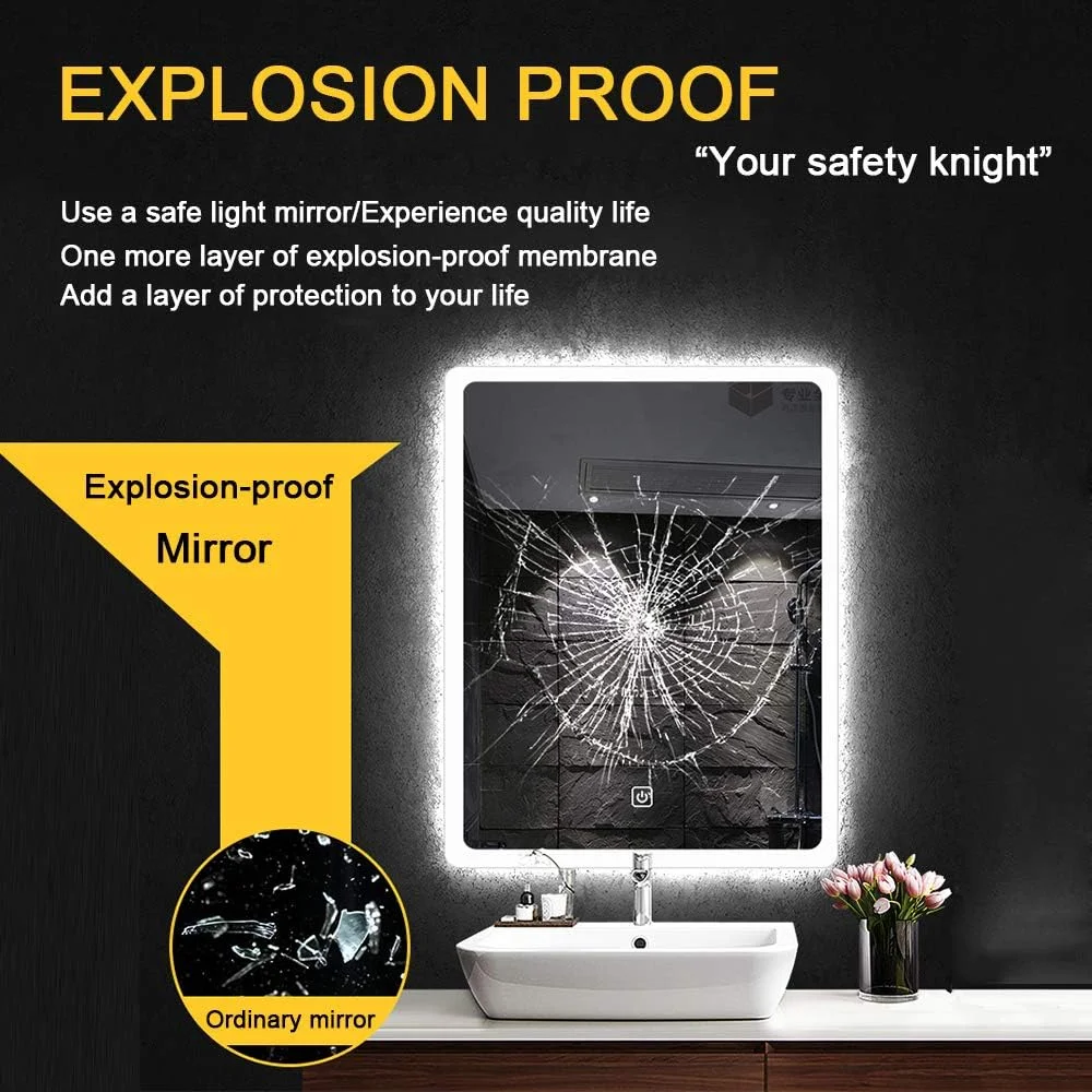 آینه دیواری ضد آب LED مناسب حمام و روشویی | 50x70 سانتی متر | آینه ضد انفجار 5 میلی متری، نور سفید 6000 کلوین، طراحی ایمن با لبه های گرد - افقی/عمودی، 90x70 سانتی متر