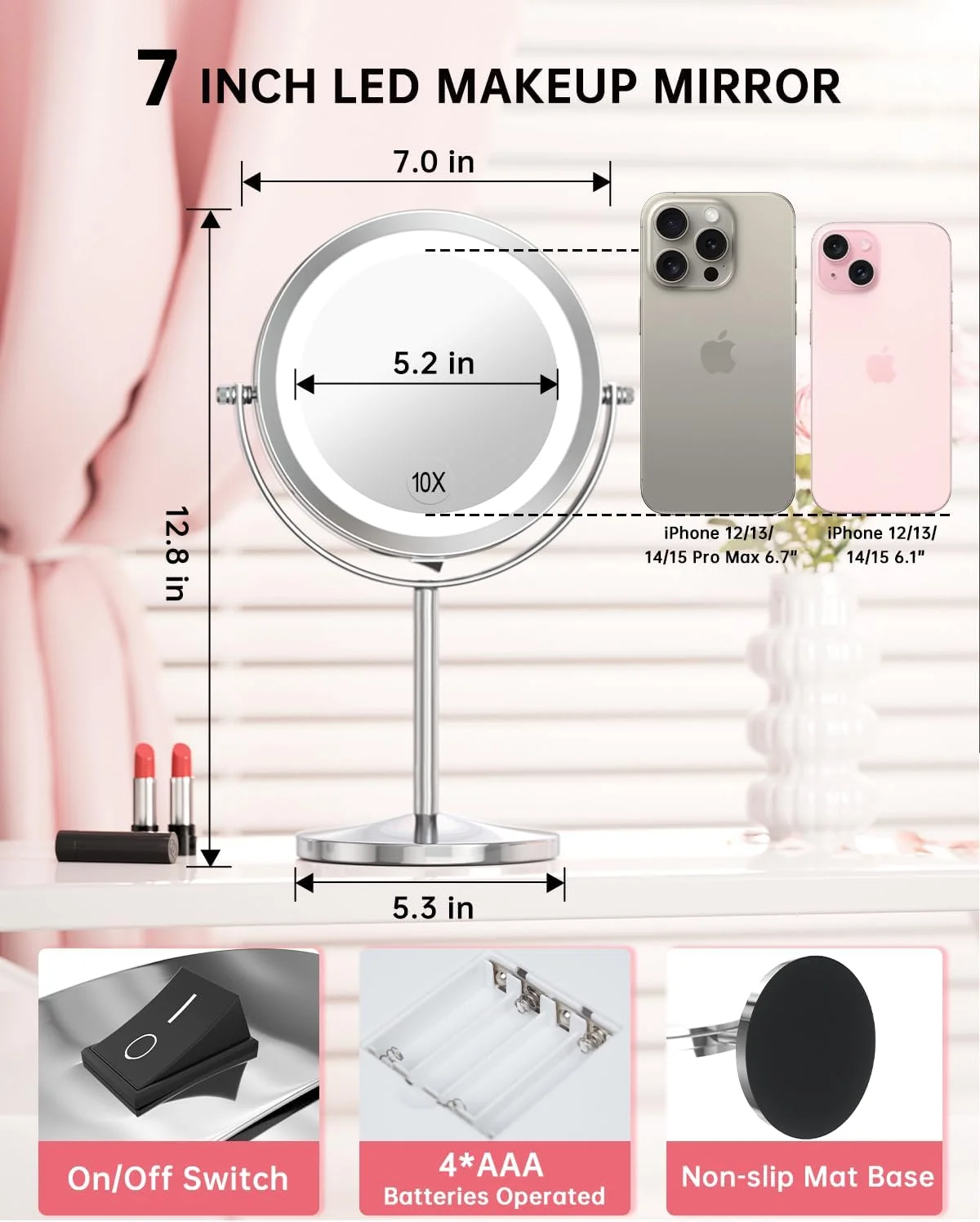 آینه آرایشی چراغ دار Gospire با بزرگنمایی 1x/10x، دو طرفه، گرد، ایستاده با قابلیت چرخش 360 درجه، مناسب اصلاح و حمام، قطر 7 اینچ