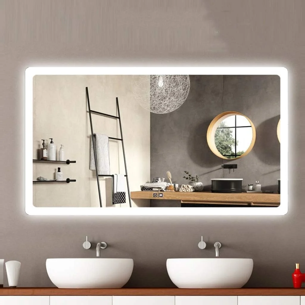 آینه مستطیلی ال ای دی بدون قاب دیواری مخصوص حمام با کلید لمسی + نمایشگر زمان/دما ضد بخار، نور گرم - 100x60 سانتی متر
