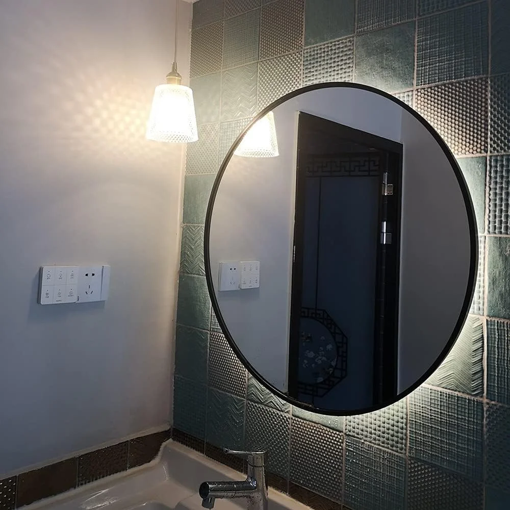 آینه گرد نورپردازی شده حمام - آینه آرایشی دیواری با نور LED - قاب مشکی با نور پس زمینه - نور سفید/نور گرم - ضد آب IP44، دکمه لمسی نور سفید - 80 سانتی متر