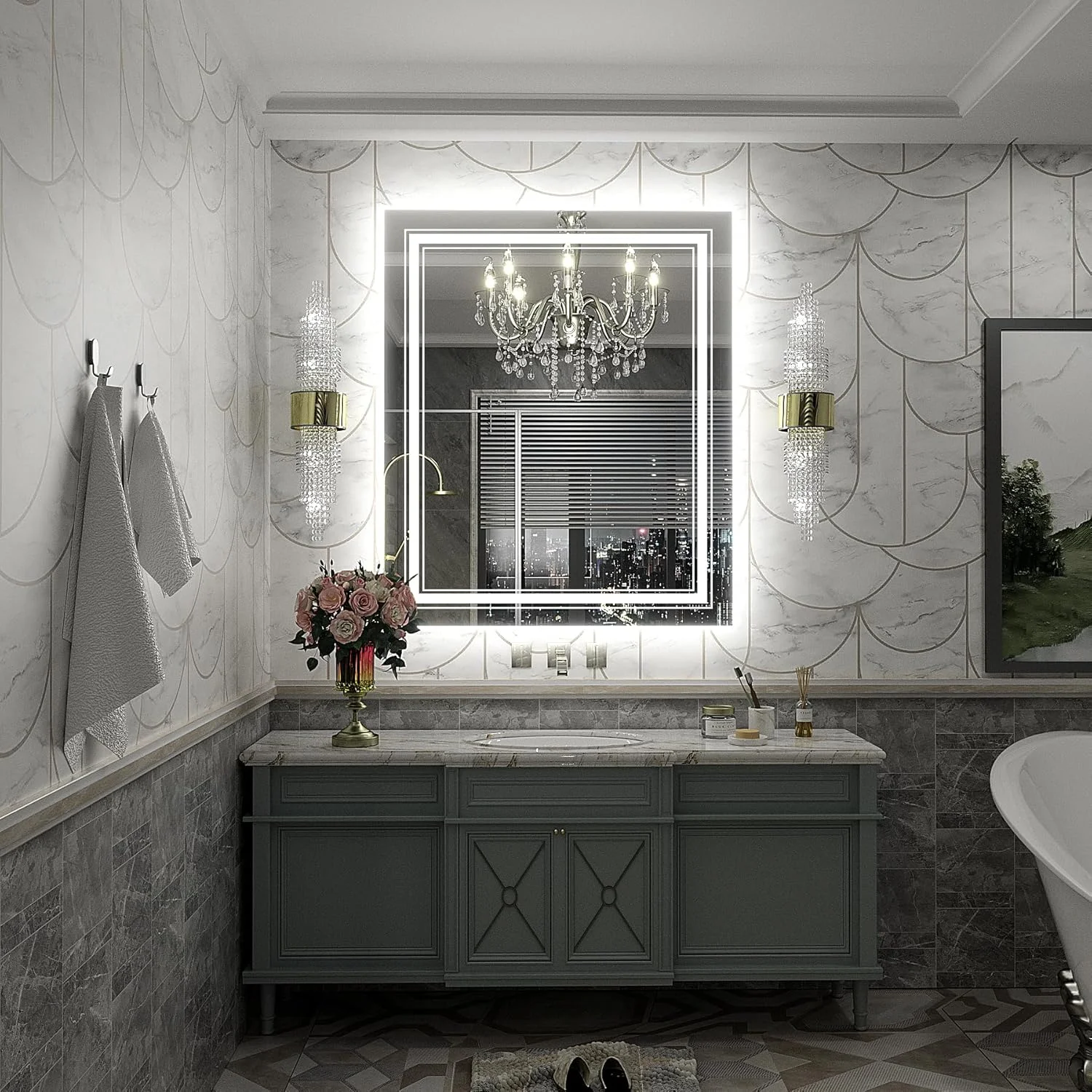 آینه حمام ال ای دی 30x36، آینه نورانی برای دیوار حمام، نور پس زمینه و جلو، دیمر دار، ضد بخار، مقاوم در برابر شکستن، حافظه دار (افقی/عمودی)