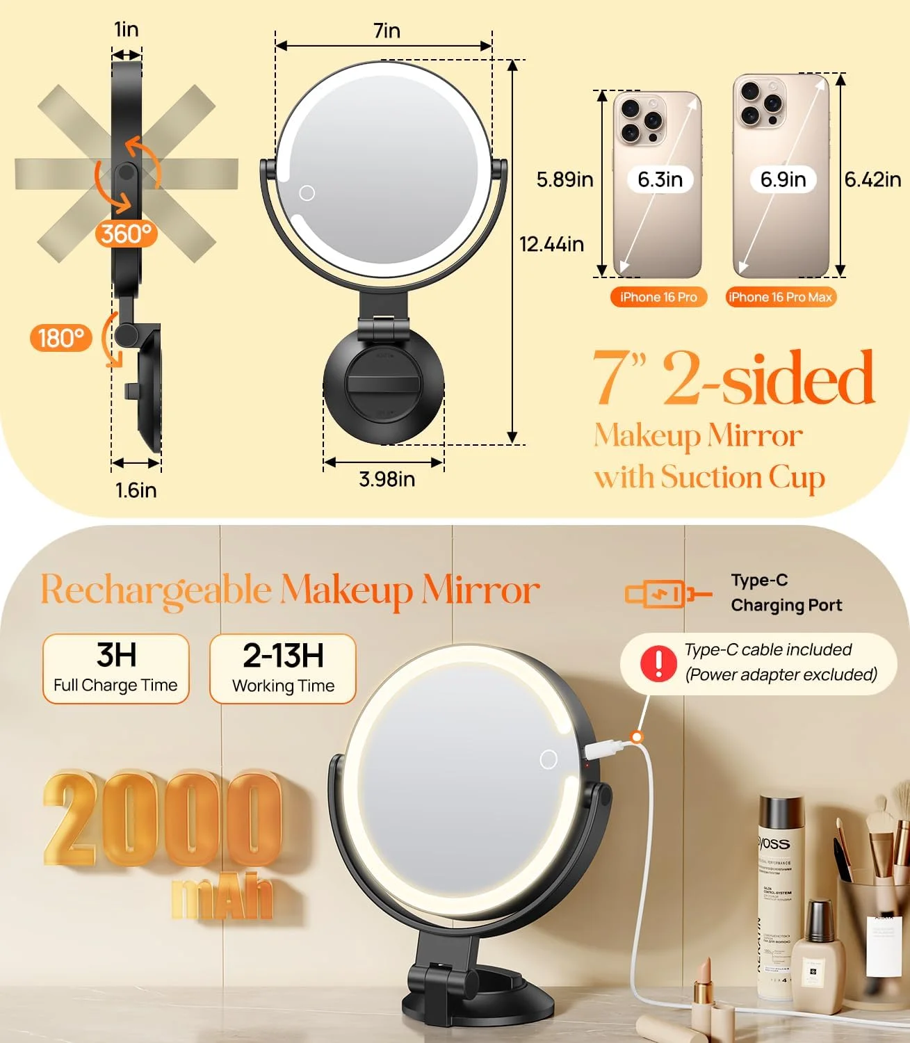 آینه آرایشی دیواری Gospire با نور و بزرگنمایی 10 برابر، آینه حمام با نور 3 رنگ و مکنده قوی، آینه اصلاح صورت مردانه، آینه ال ای دی برای میز - مشکی