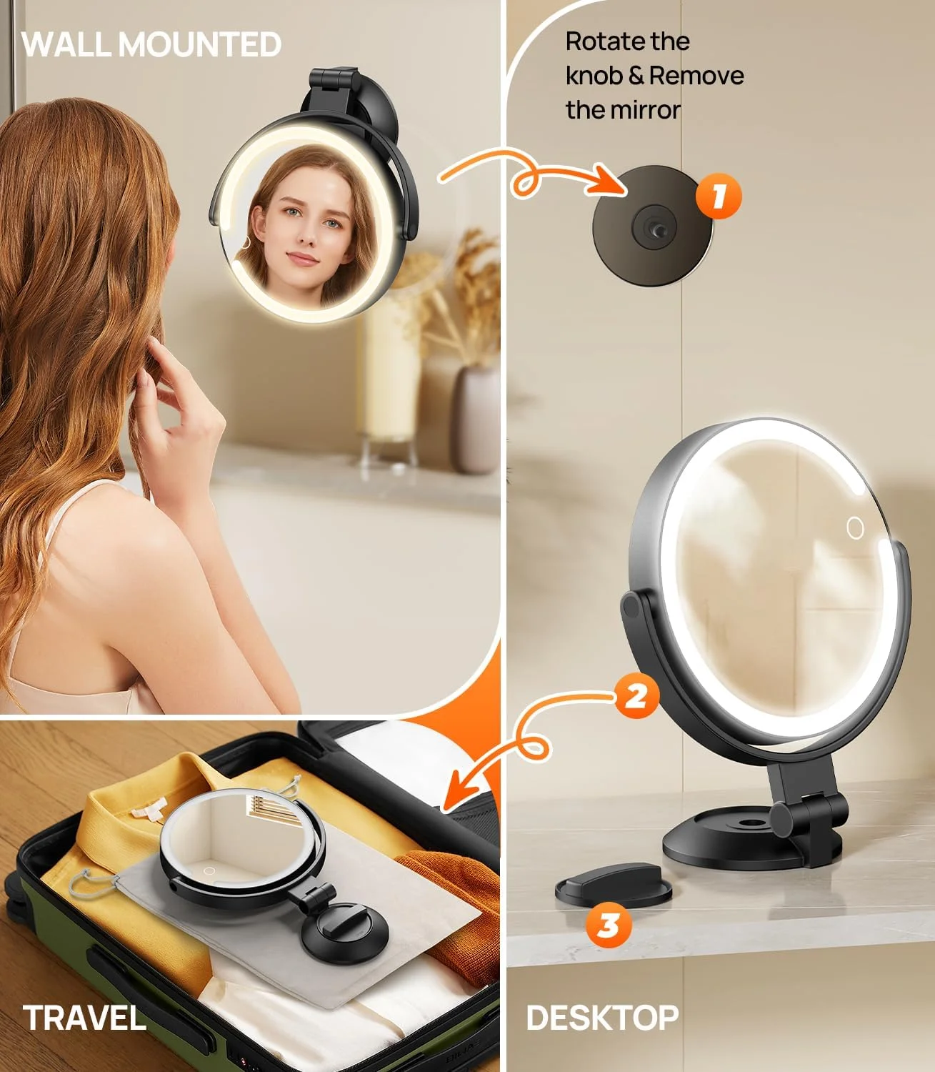 آینه آرایشی دیواری Gospire با نور و بزرگنمایی 10 برابر، آینه حمام با نور 3 رنگ و مکنده قوی، آینه اصلاح صورت مردانه، آینه ال ای دی برای میز - مشکی