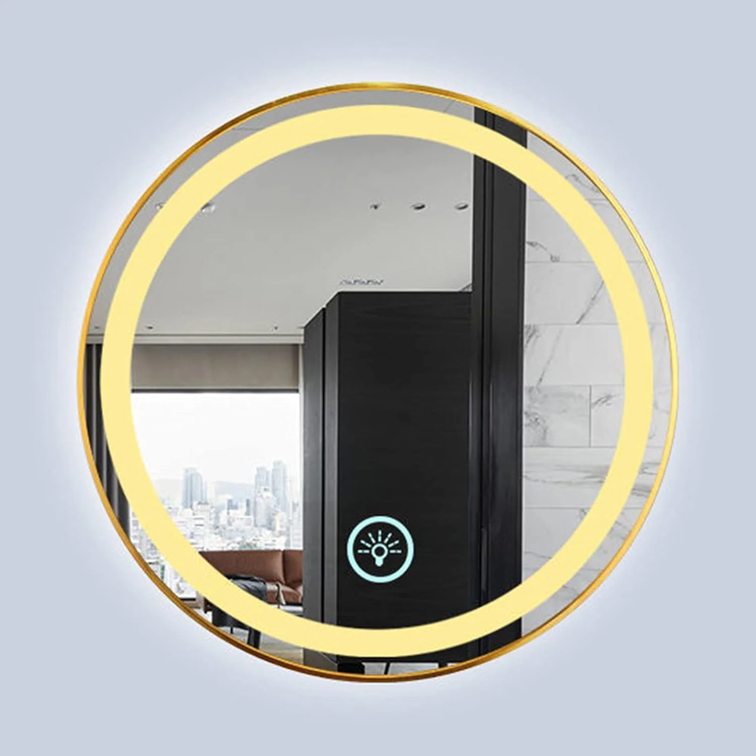 آینه حمام، آینه گرد مدرن با قاب مشکی/طلایی با کنترل لمسی، آینه آرایشی دیواری، نصب افقی