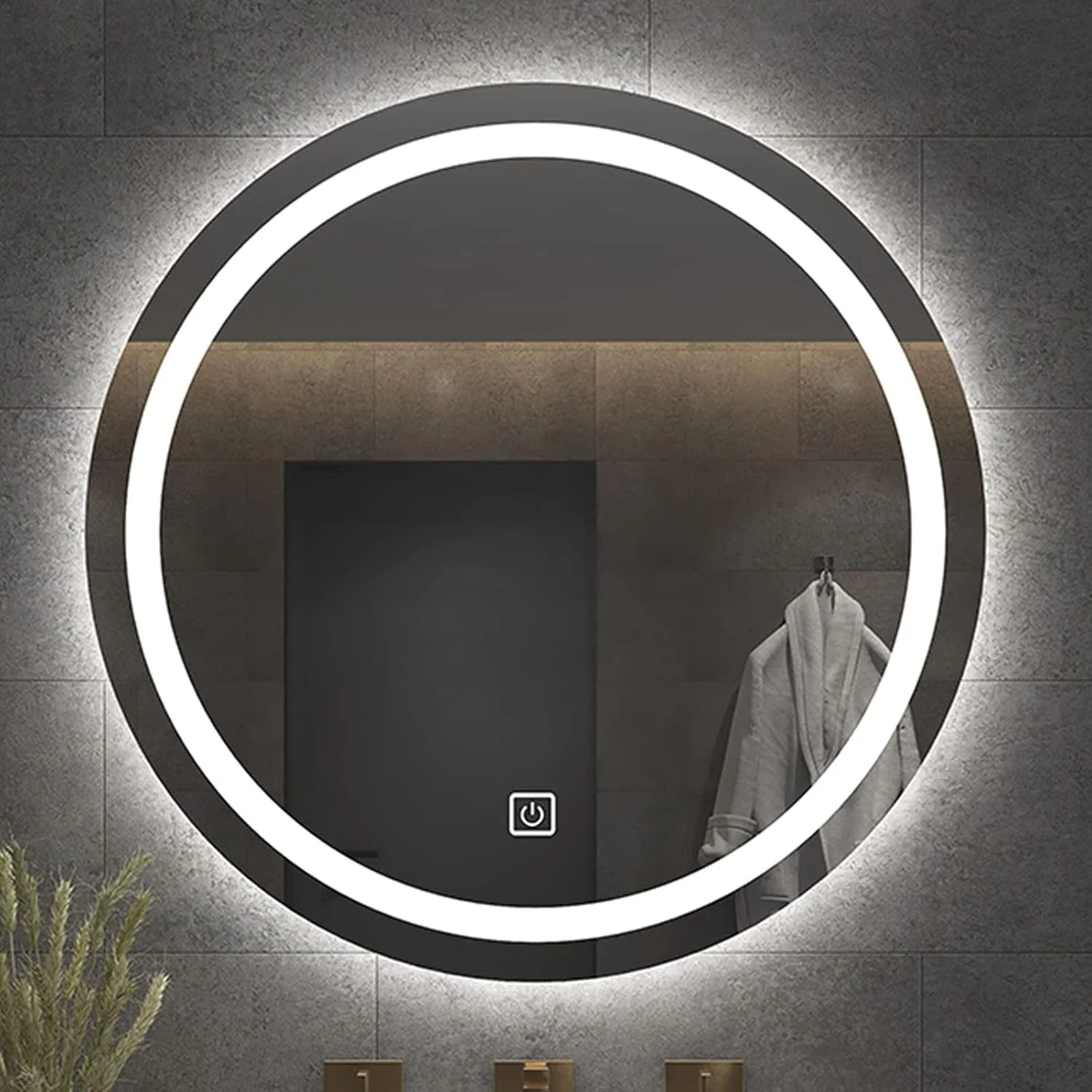 آینه حمام گرد نورانی LED، طراحی بزرگ بدون قاب، آینه آرایشی هوشمند با کلید کنترل لمسی حسگر