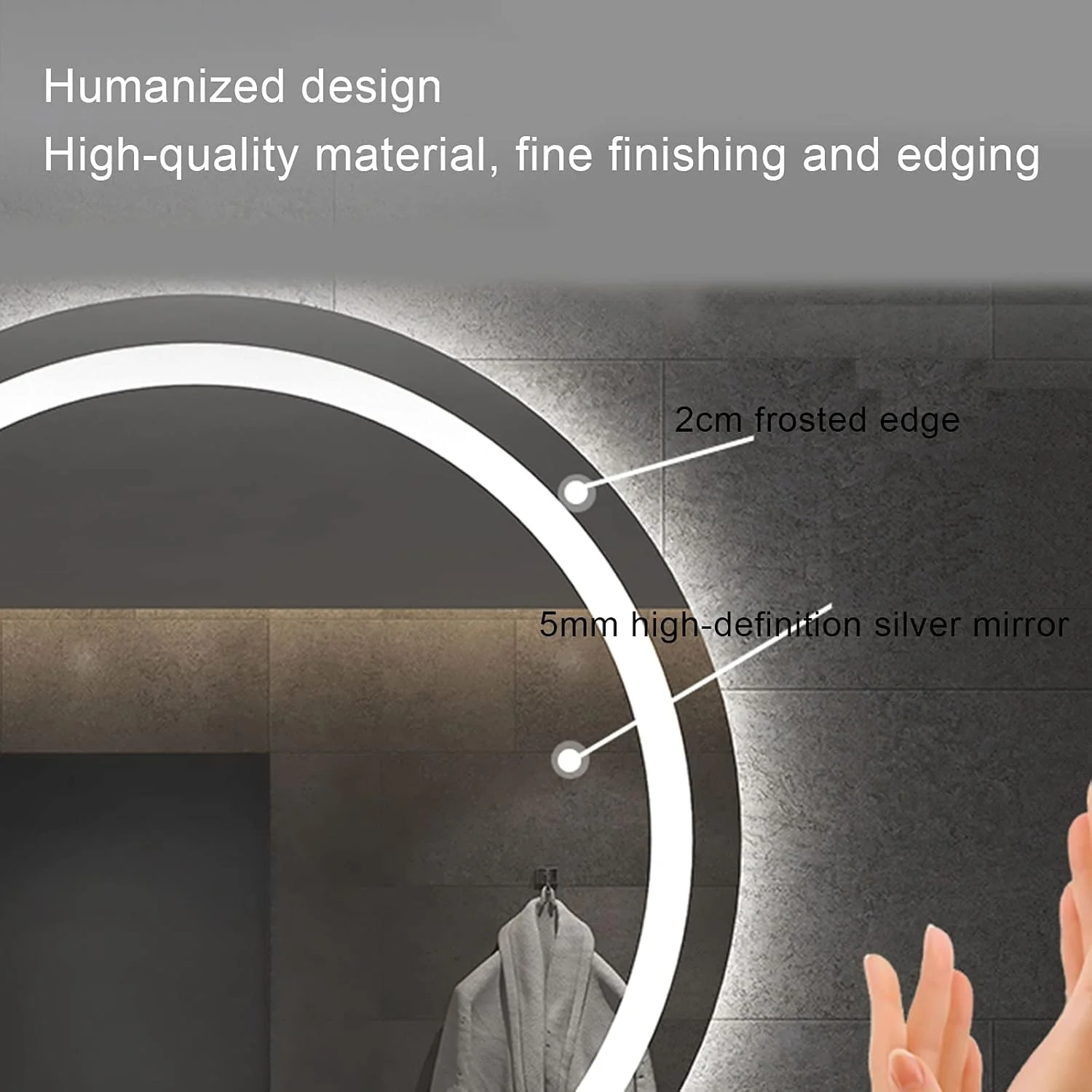 آینه گرد نورانی ال ای دی برای حمام، طراحی بزرگ بدون قاب، آینه آرایشی هوشمند با کلید کنترل لمسی حسگر