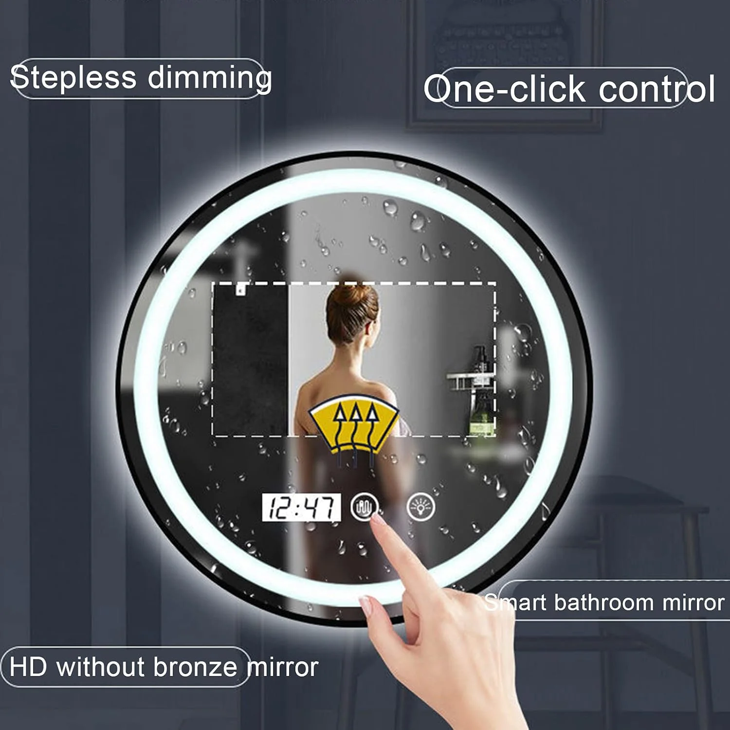 آینه حمام، آینه گرد مدرن با قاب مشکی/طلایی با کنترل لمسی، آینه آرایشی دیواری، نصب افقی