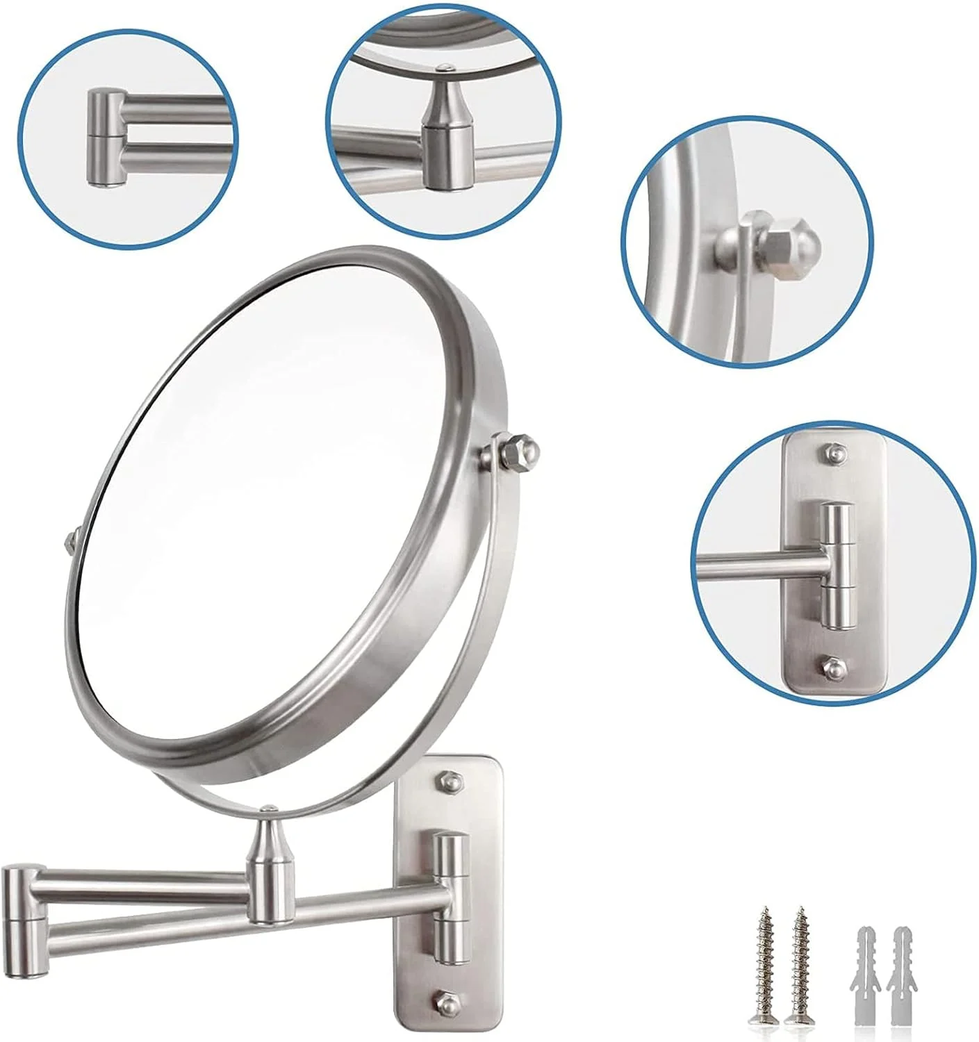 آینه آرایشی دیواری تاشو 8 اینچی با بزرگنمایی 5X/10X، دو طرفه چرخان 360 درجه، روکش نقره ای سفید مناسب حمام، اسپا و هتل، 5X(5X)