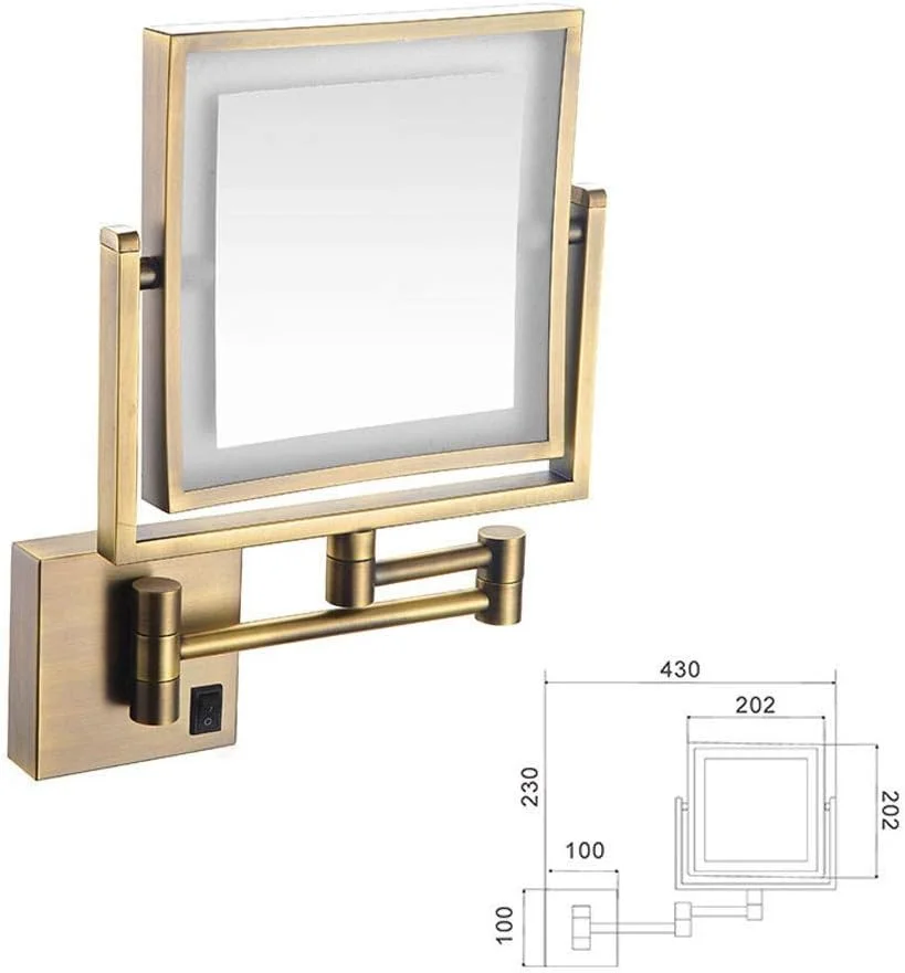 آینه آرایشی با چراغ، آینه اصلاح حمام، قابل نصب روی دیوار با شارژ USB، آینه آرایش با چراغ های LED و بزرگنمایی 1x/3x، بازوی قابل تنظیم، باتری لیتیومی داخلی، مربع برنجی 20X20 سانتی متر