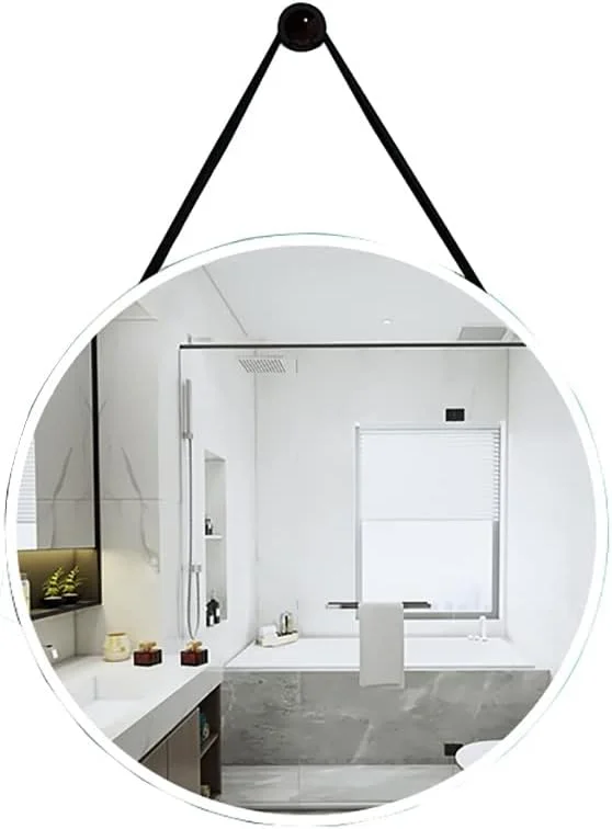 آینه دیواری آویز، آینه گرد دیواری با بند آویز، آینه آرایش حمام، آینه روشویی اتاق خواب، آینه دکوری ورودی (رنگ: سفید، اندازه: 38 * 38 سانتی متر)