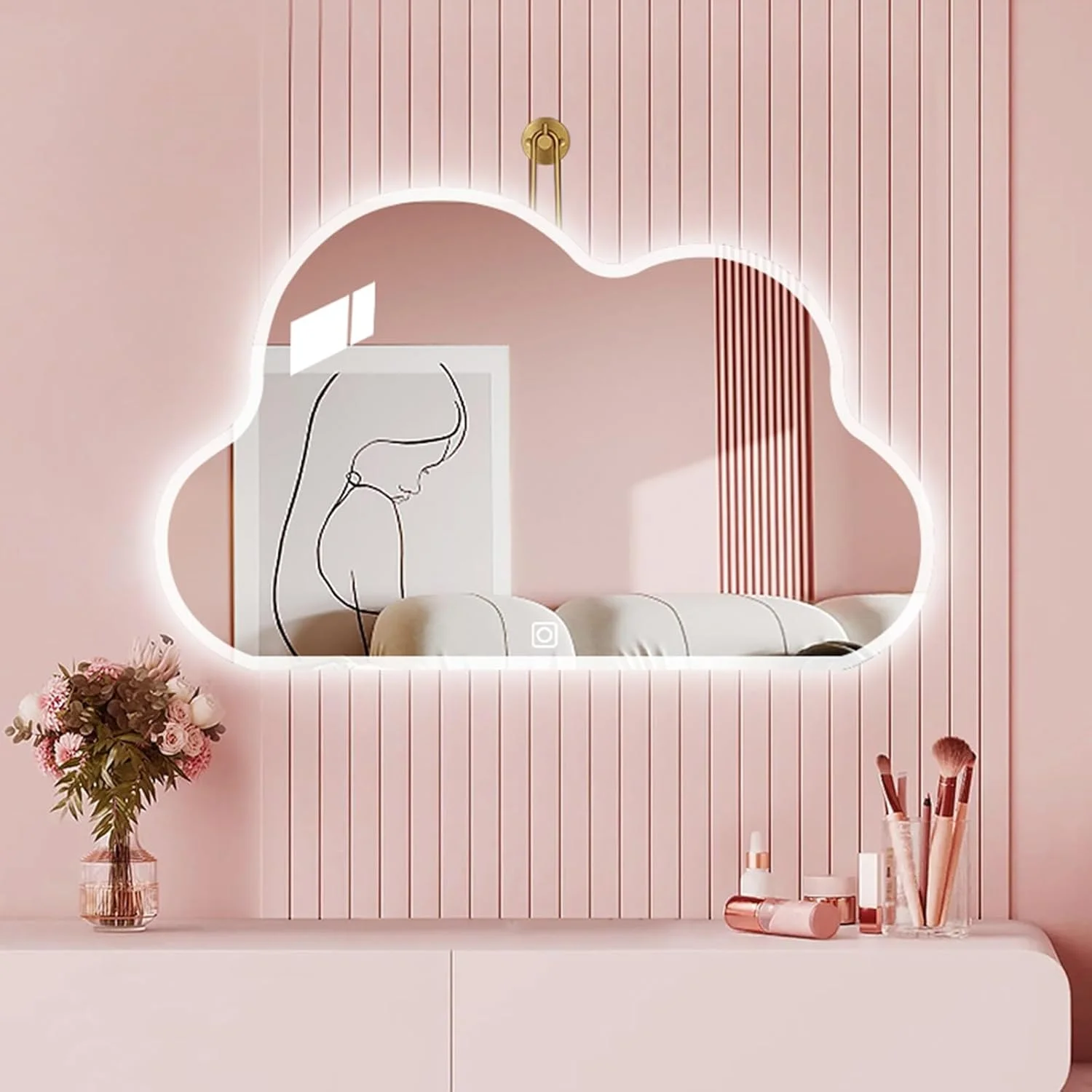 آینه ابری آویز، آینه حمام LED نورانی، آینه دیواری، آینه آرایش با نورهای دیمر شونده با کلید لمسی هوشمند، IP44، قلاب استیل ضد زنگ (اندازه: 65.5x40.2 سانتی متر)
