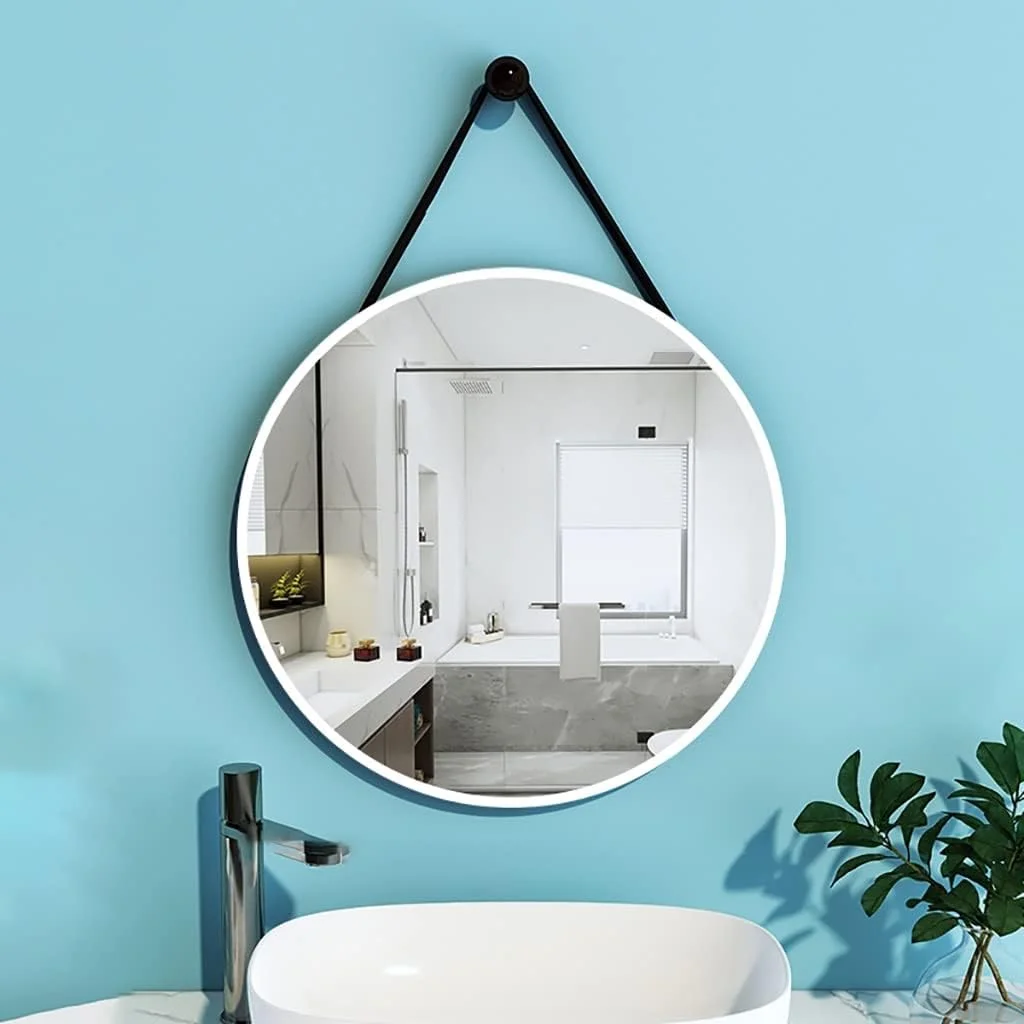 آینه دیواری آویز، آینه گرد دیواری با بند آویز، آینه آرایش حمام، آینه روشویی اتاق خواب، آینه دکوری ورودی (رنگ: سفید، اندازه: 38 * 38 سانتی متر)