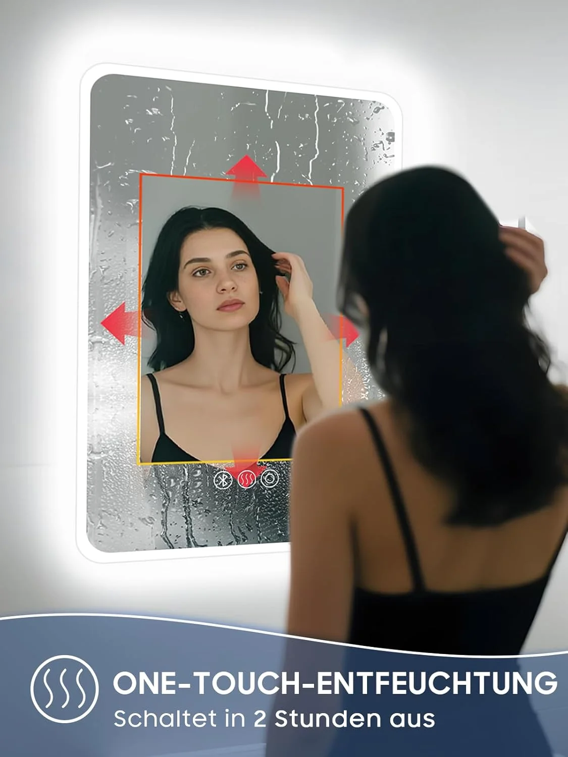 آینه حمام با نورپردازی LED، 60 در 80 سانتی متر، آینه حمام LED با نور و بلوتوث، ضد بخار، 3 دمای رنگ، دیمر دار، عملکرد حافظه، IP44 آینه حمام بلوتوث