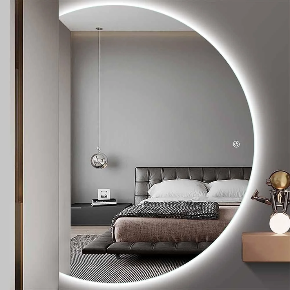 آینه هوشمند ال ای دی نیمه ماه حمام - آینه روشویی ضد بخار دیمر دار با طراحی بدون قاب قوسی - آینه دیواری نور پس زمینه مقاوم در برابر شکست برای دکوراسیون منزل (برش چپ 63 * 90 سانتی متر)