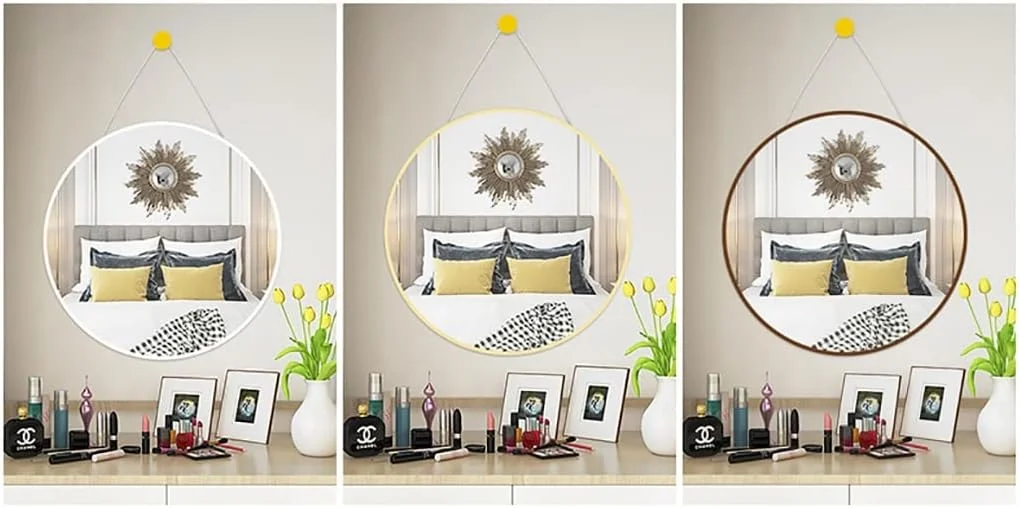 آینه دیواری آویز، آینه گرد دیواری با بند آویز، آینه آرایش حمام، آینه روشویی اتاق خواب، آینه دکوری ورودی (رنگ: سفید، اندازه: 38 * 38 سانتی متر)