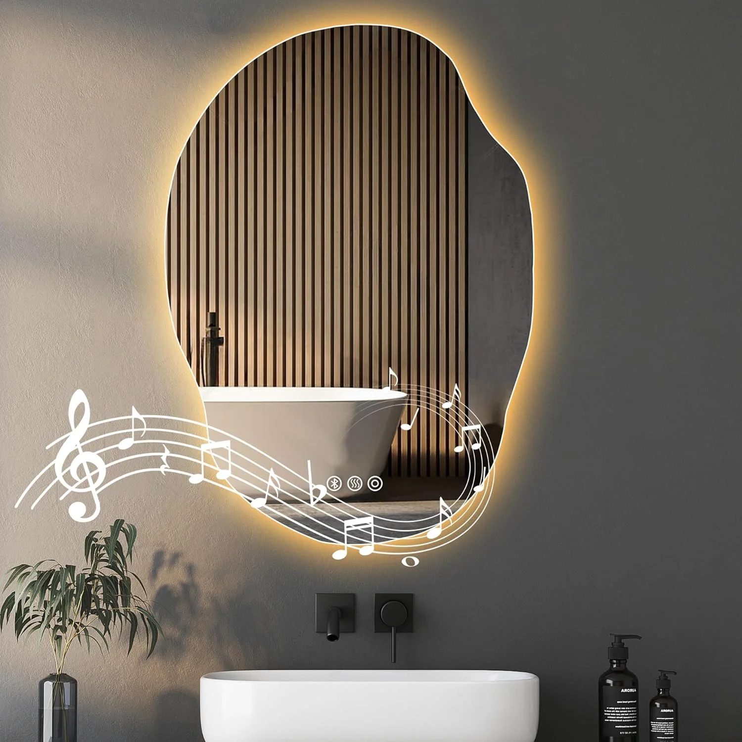 آینه ال ای دی برای حمام، 63.5 در 89 سانتی متر، آینه نور پس زمینه با بلندگوی بلوتوث، ضد بخار، عملکرد حافظه، 3 دمای رنگ، آینه ال ای دی کم نور شونده برای حمام، افقی/عمودی