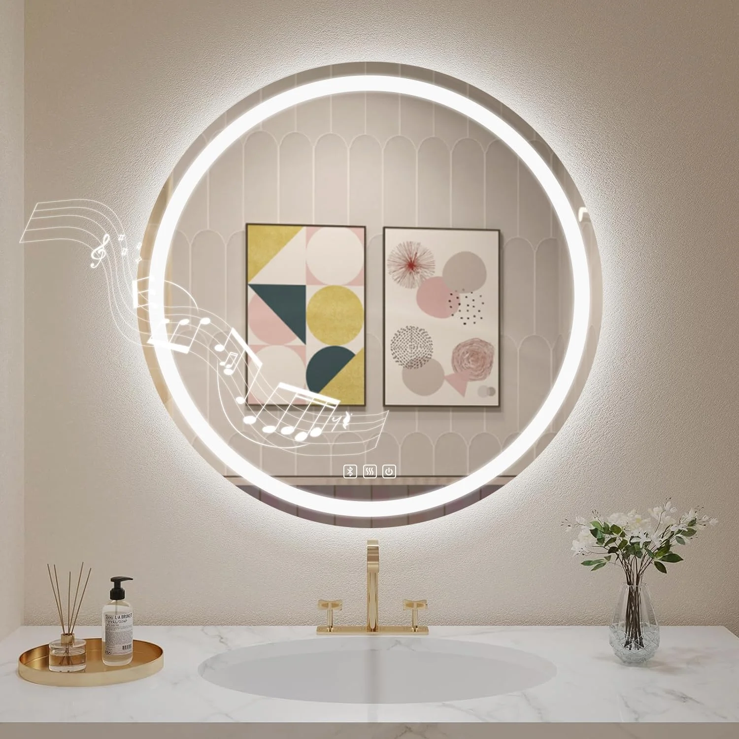 آینه حمام با نورپردازی، گرد، 70 سانتی متر، آینه حمام با نورپردازی، آینه بلوتوث دار، ضد بخار، کلید لمسی، آینه حمام LED دیمر شونده با سه دمای رنگ، آینه روشن