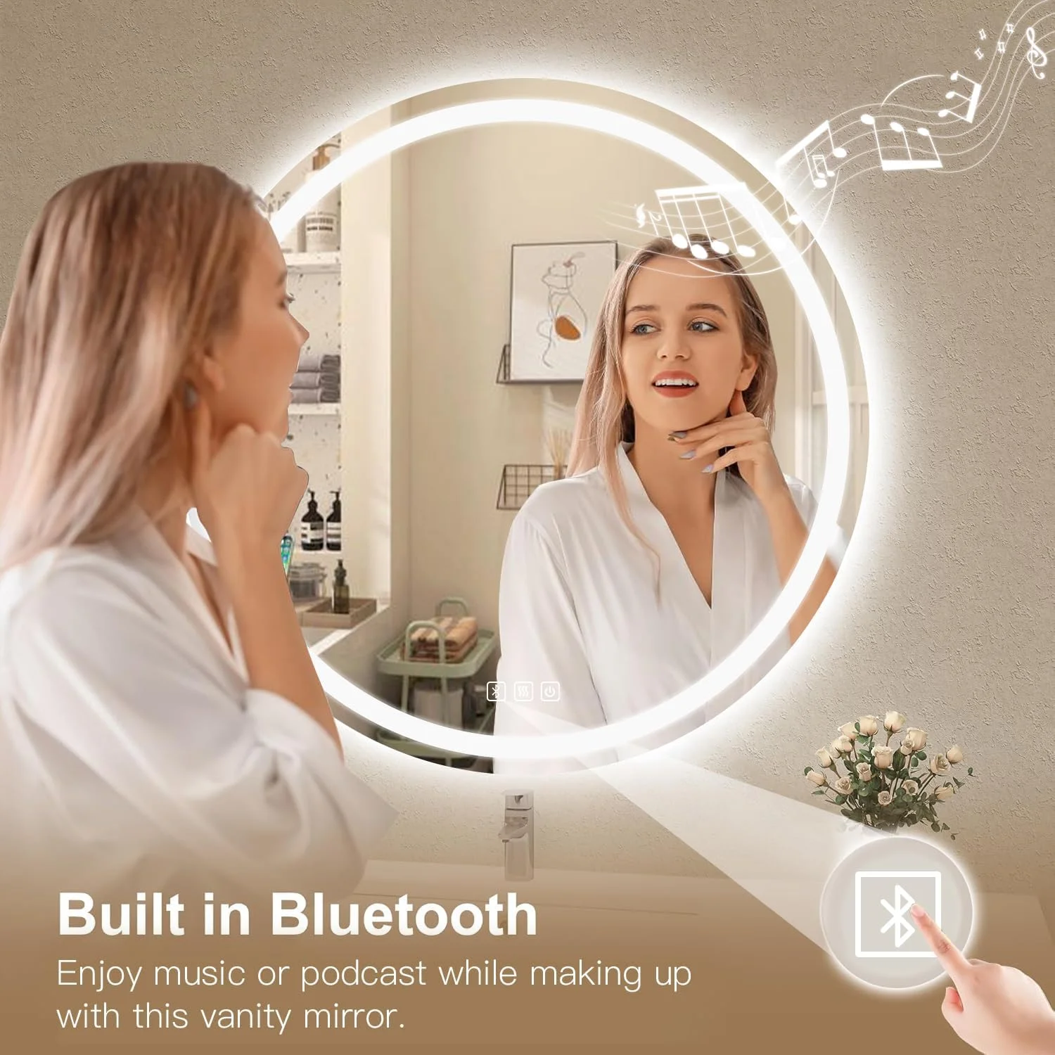 آینه حمام با نورپردازی، گرد، 70 سانتی متر، آینه حمام با نورپردازی، آینه بلوتوث دار، ضد بخار، کلید لمسی، آینه حمام LED دیمر شونده با سه دمای رنگ، آینه روشن