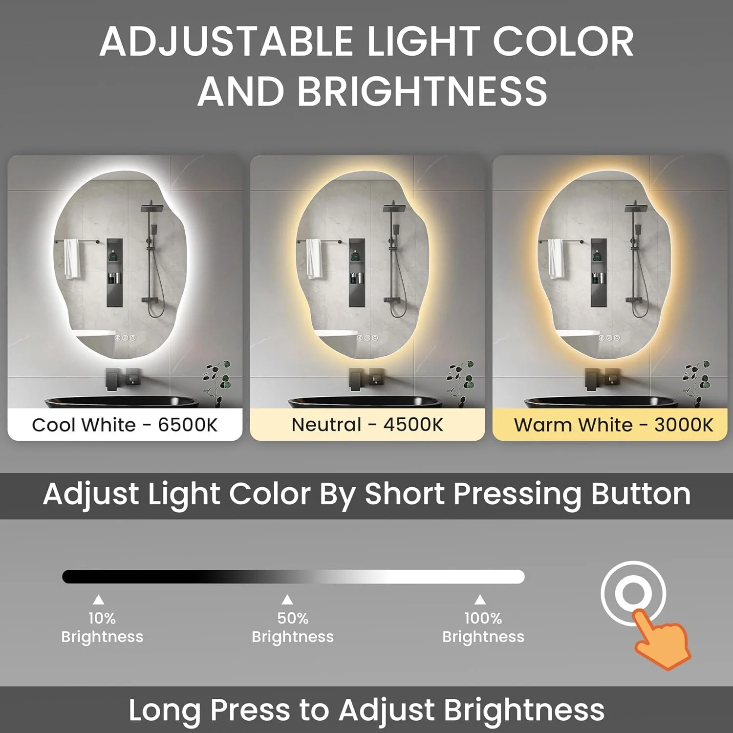 آینه ال ای دی برای حمام، 63.5 در 89 سانتی متر، آینه نور پس زمینه با بلندگوی بلوتوث، ضد بخار، عملکرد حافظه، 3 دمای رنگ، آینه ال ای دی کم نور شونده برای حمام، افقی/عمودی