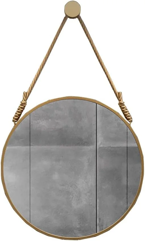 آینه گرد آویز، آینه دیواری با قاب فلزی گرد، آینه حمام، آینه آرایش، آینه روشویی اتاق خواب، آینه تزئینی ورودی، آینه با قاب فلزی (رنگ: طلایی، اندازه: 50 سانتی متر / 19.7 اینچ)