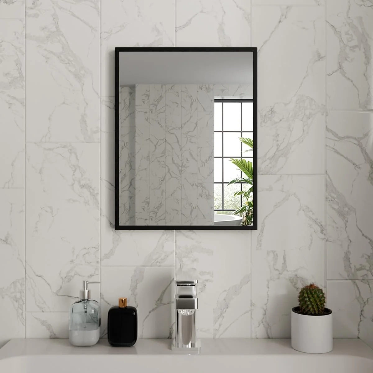 آینه روشویی دیواری هارپر اند هارلو کورووس، 390x500 میلی متر، مستطیلی با گوشه های مربعی، قاب مشکی مات شیک، مناسب برای نصب افقی یا عمودی، برای حمام، اتاق خواب، اتاق نشیمن