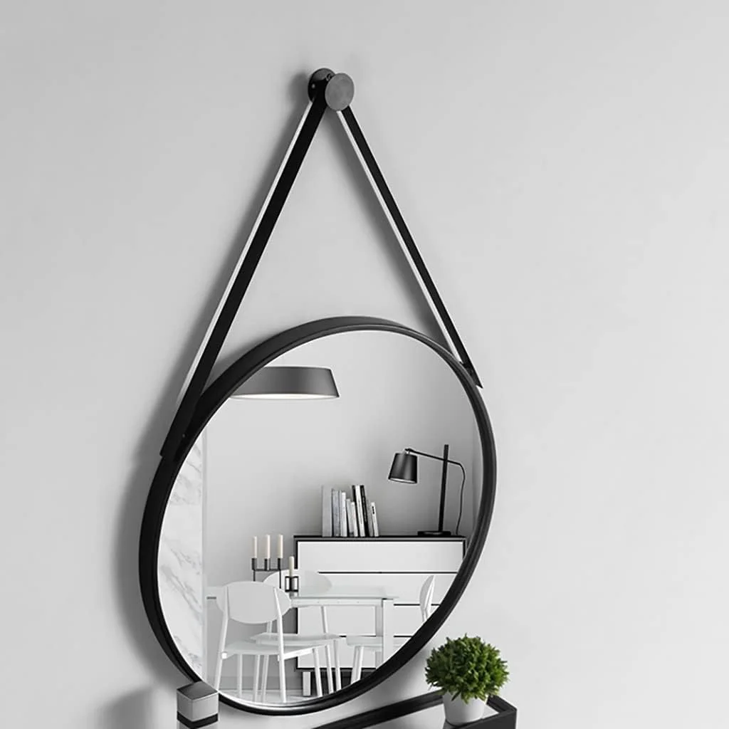 آینه گرد دیواری آویز، آینه آرایش، آینه روشویی اتاق خواب، آینه دکوری ورودی با قاب فلزی (رنگ: مشکی، سایز: 50 سانتی متر)