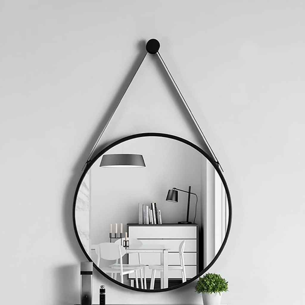 آینه گرد دیواری آویز، آینه آرایش، آینه روشویی اتاق خواب، آینه دکوری ورودی با قاب فلزی (رنگ: مشکی، سایز: 50 سانتی متر)