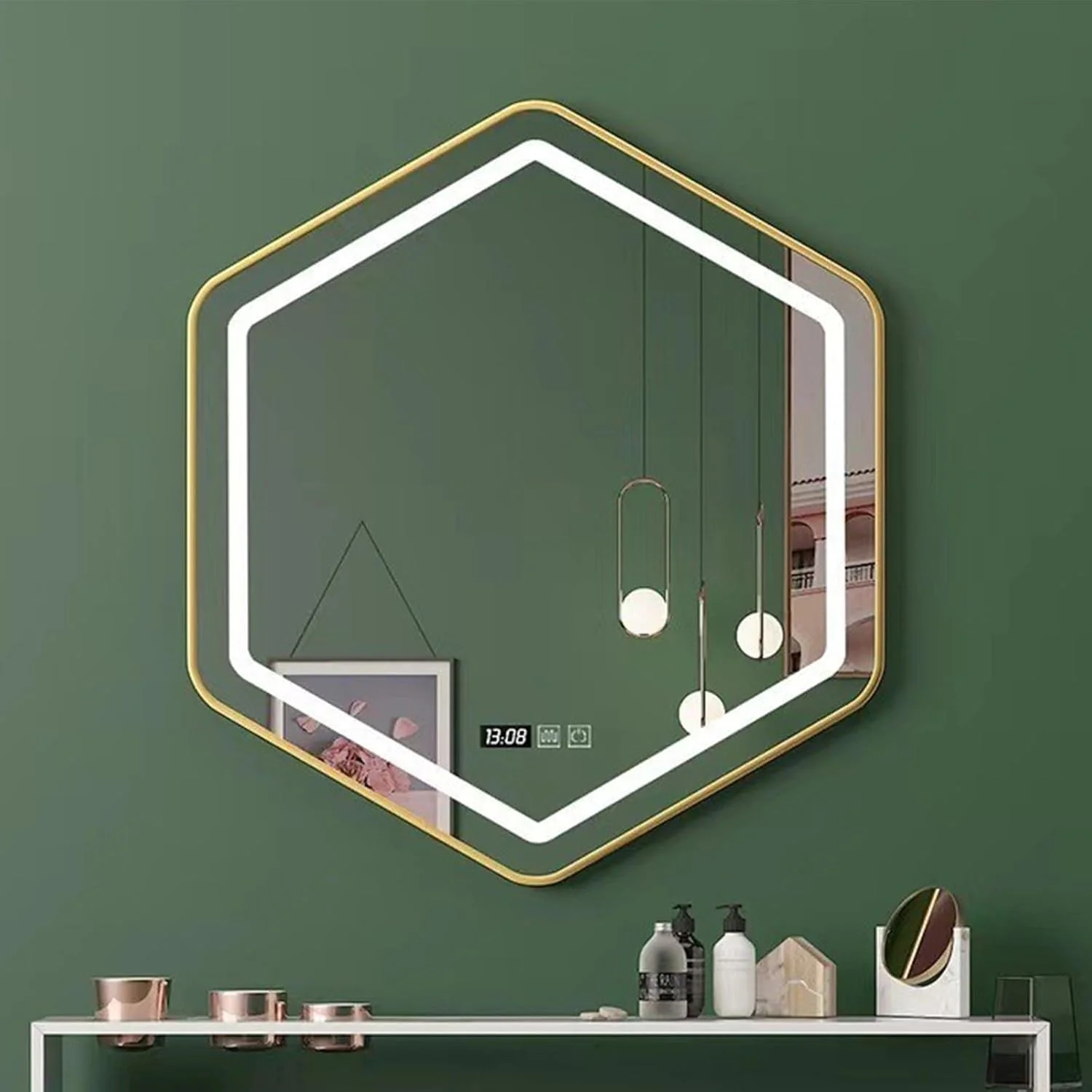 آینه حمام شش ضلعی با چراغ، آینه روشویی دیواری LED، آینه حمام با دکمه های لمسی هوشمند، کم نور شونده 3 رنگ، ضد بخار هوشمند، قاب آلیاژ آلومینیوم (45*50 سانتی متر، سه رنگ)
