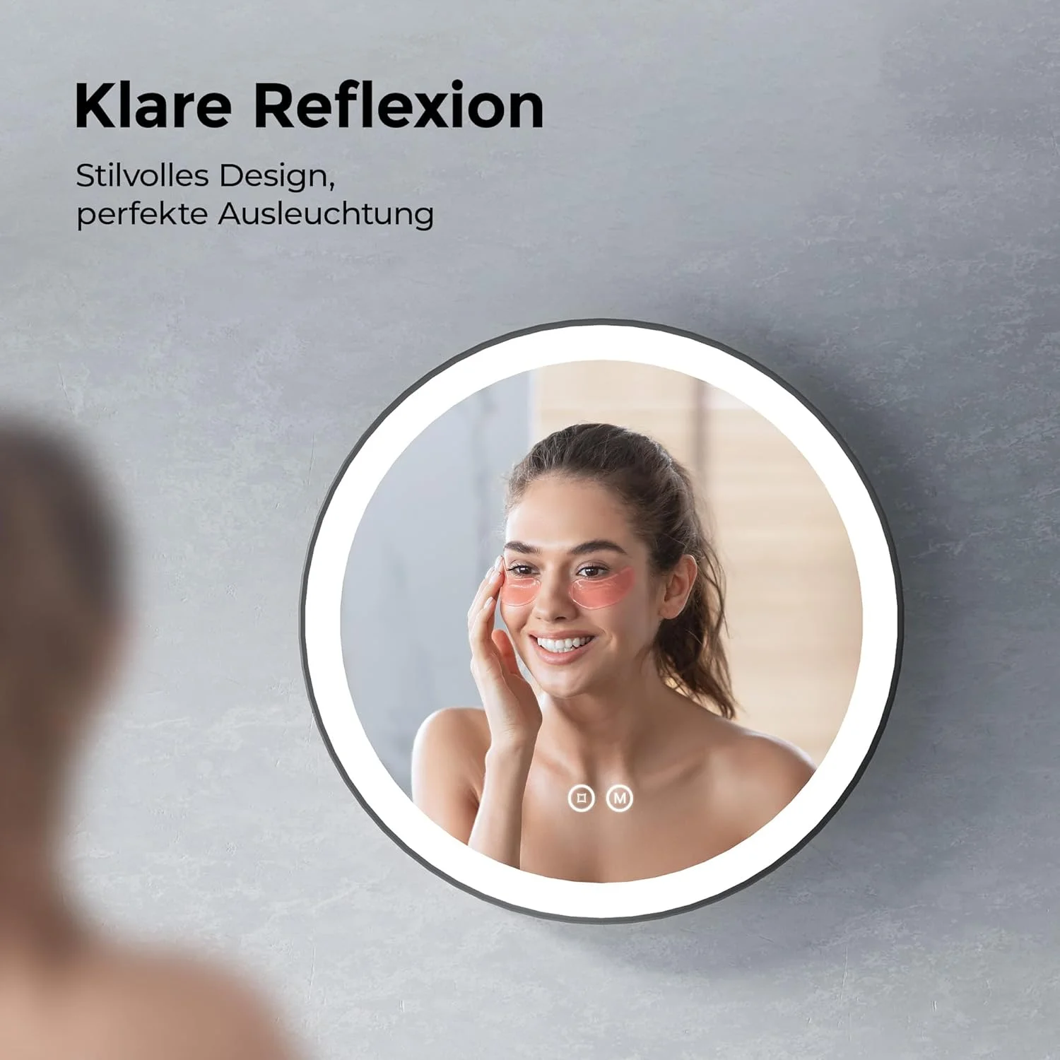 آینه حمام هیل متز با نورپردازی، گرد، 50 سانتی متر، آینه حمام ال ای دی با نور، 3 رنگ نور، دیمر دار، لمسی، آینه گرد با نورپردازی، قاب مشکی، بند قابل جابجایی