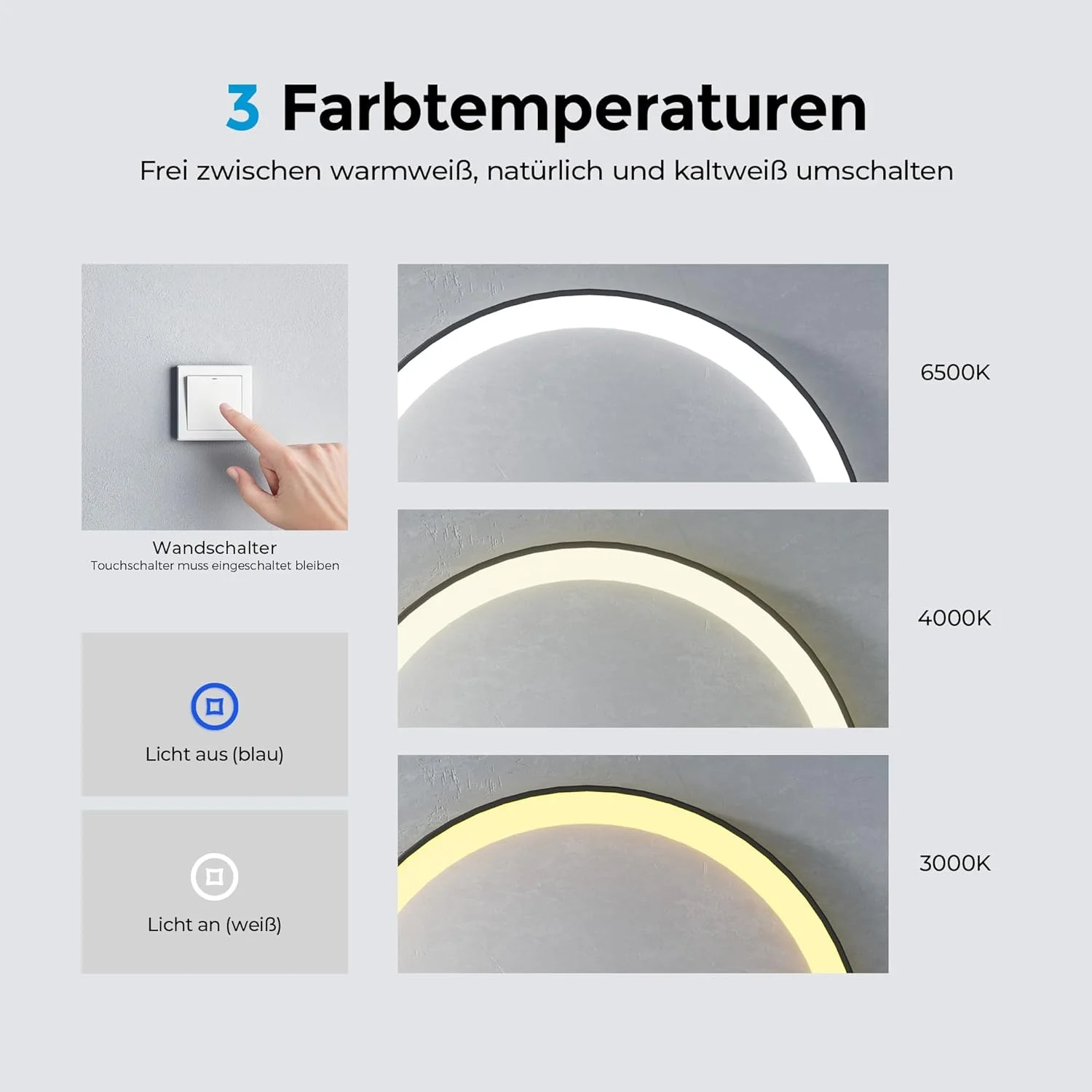 آینه حمام هیل متز با نورپردازی، گرد، 50 سانتی متر، آینه حمام ال ای دی با نور، 3 رنگ نور، دیمر دار، لمسی، آینه گرد با نورپردازی، قاب مشکی، بند قابل جابجایی
