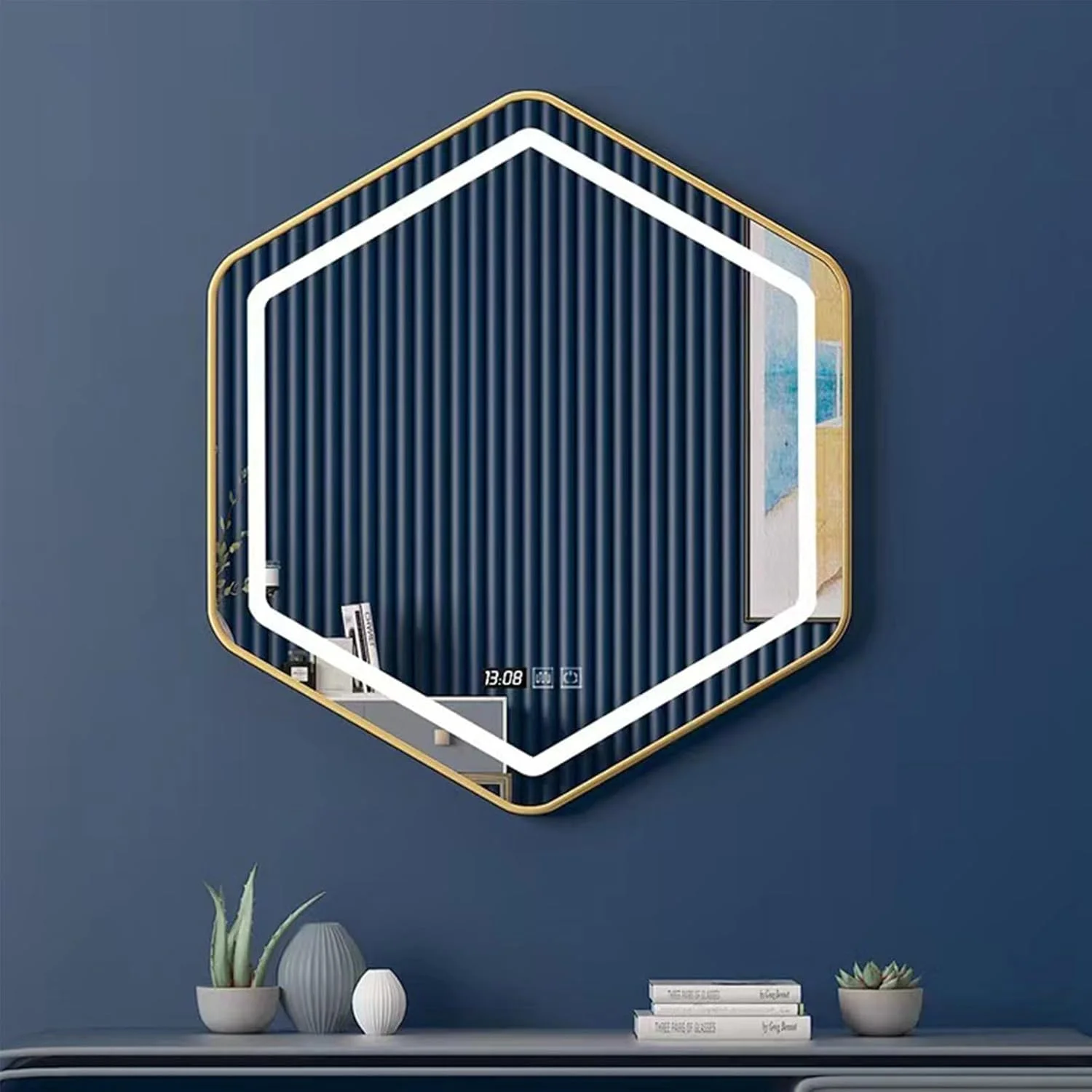 آینه حمام شش ضلعی با چراغ، آینه روشویی دیواری LED، آینه حمام با دکمه های لمسی هوشمند، کم نور شونده 3 رنگ، ضد بخار هوشمند، قاب آلیاژ آلومینیوم (45*50 سانتی متر، سه رنگ)