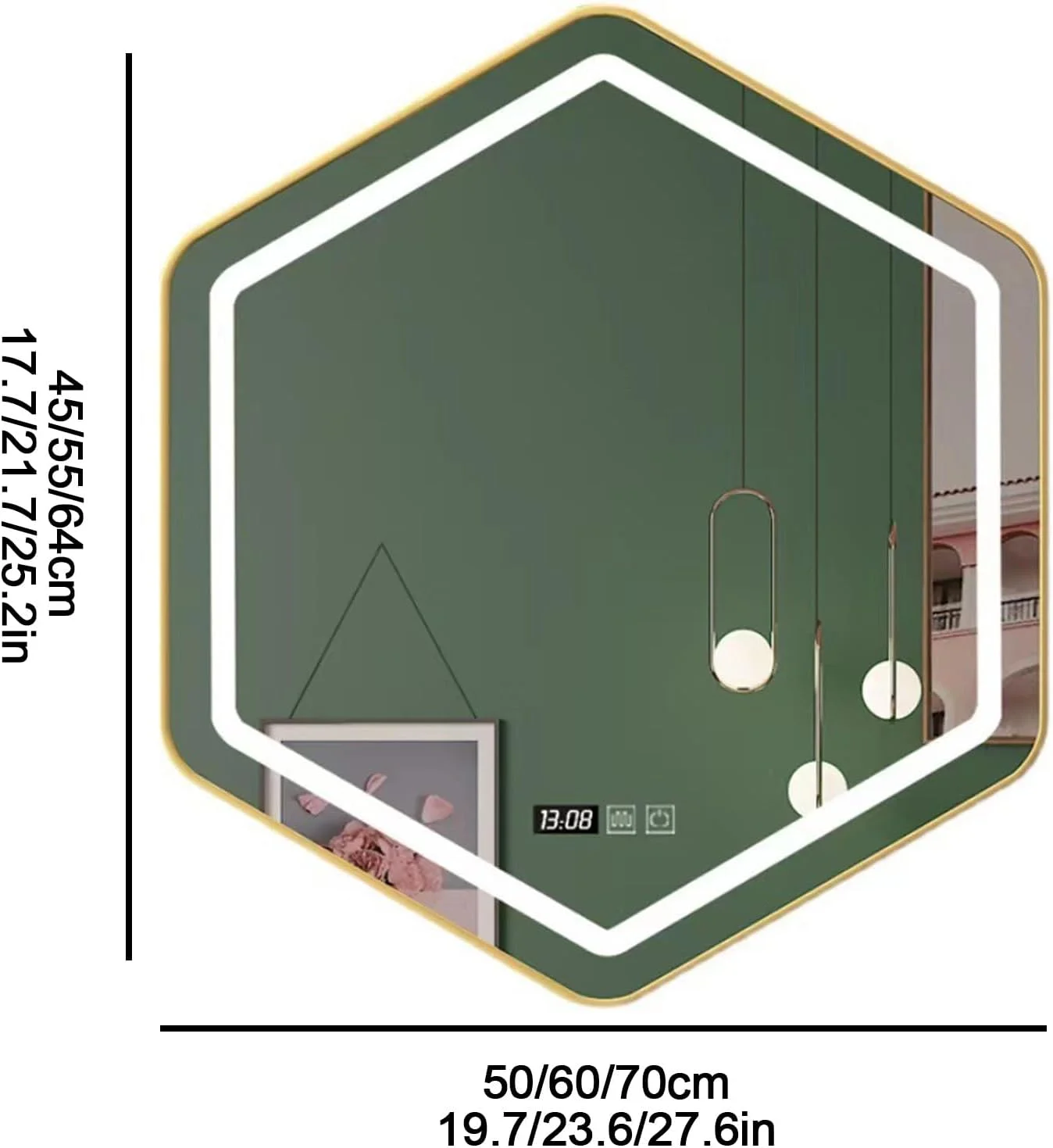 آینه حمام شش ضلعی با چراغ، آینه روشویی دیواری LED، آینه حمام با دکمه های لمسی هوشمند، کم نور شونده 3 رنگ، ضد بخار هوشمند، قاب آلیاژ آلومینیوم (45*50 سانتی متر، سه رنگ)