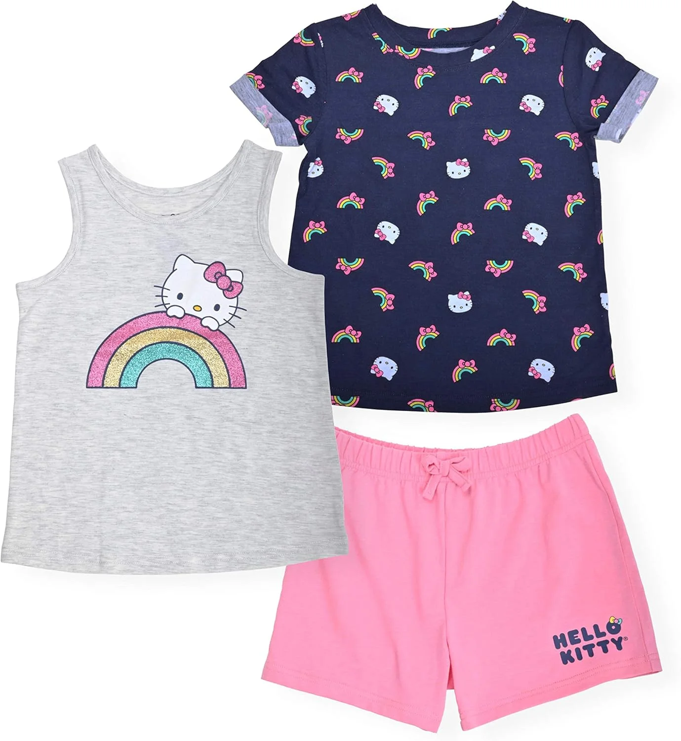 ست سه تکه تی شرت چاپی، تاپ رکابی فشن و شورت ورزشی دخترانه هلو کیتی، لباس های تابستانی شیک برای دختر کوچولو ست سه تکه تی شرت چاپی، تاپ رکابی فشن و شورت ورزشی دخترانه هلو کیتی، لباس های تابستانی شیک برای دختر کوچولو