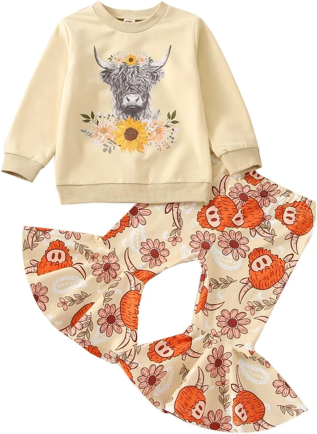 ست لباس پاییزی دخترانه شامل بلوز آستین بلند با طرح گاو و شلوار دمپا گشاد ست لباس پاییزی دخترانه شامل بلوز آستین بلند با طرح گاو و شلوار دمپا گشاد