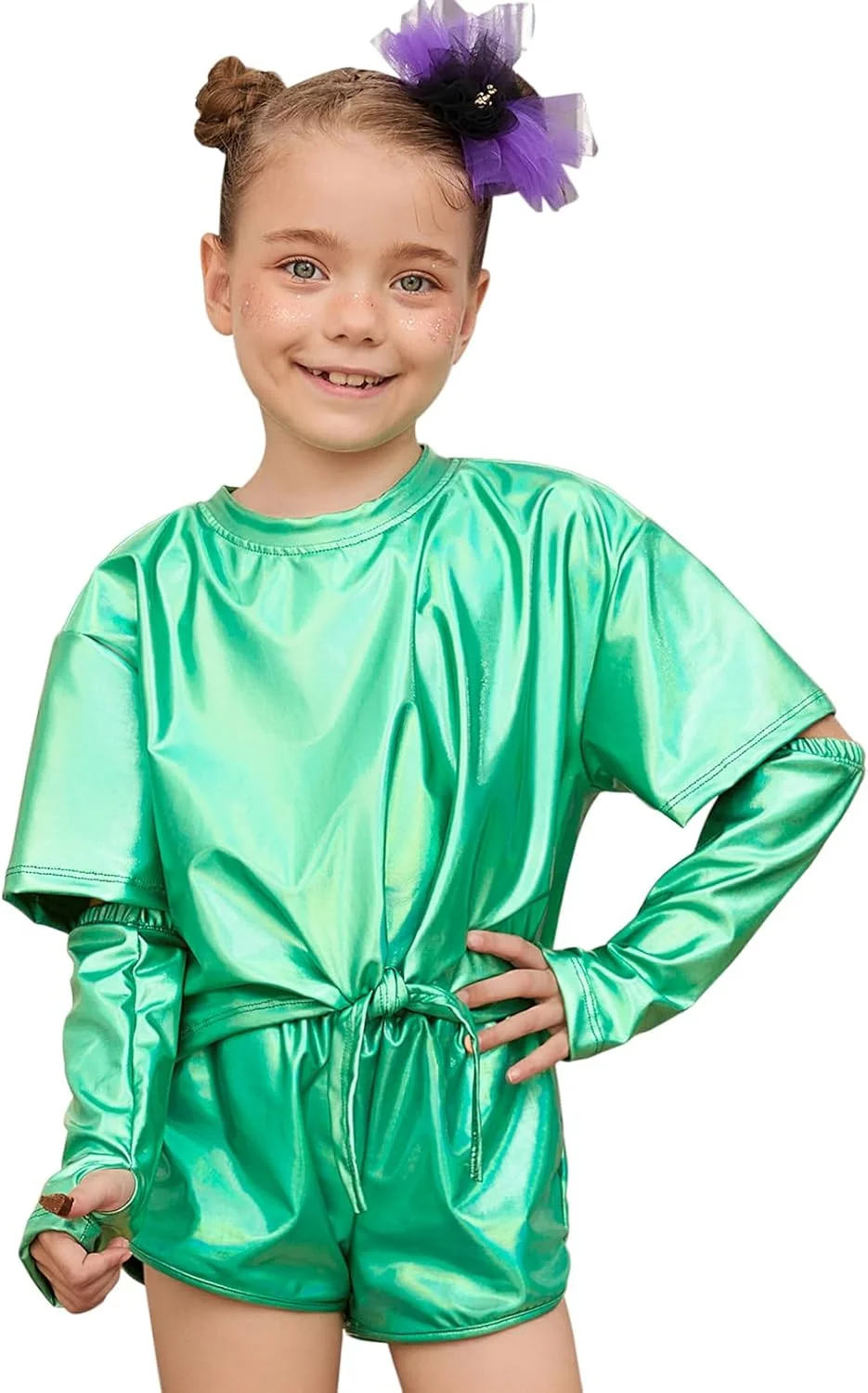 تاپ متالیک دخترانه پرفشن با آستین بازو مناسب رقص و فستیوال ها، سایز 4 تا 15 سال تاپ متالیک دخترانه پرفشن با آستین بازو مناسب رقص و فستیوال ها، سایز 4 تا 15 سال