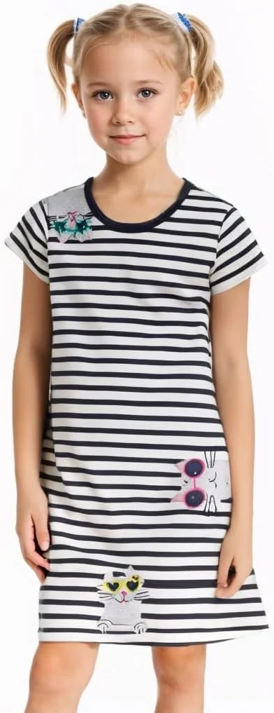 پیراهن نخی دخترانه، آستین کوتاه، طرح حیوانات، مناسب 2 تا 8 سال