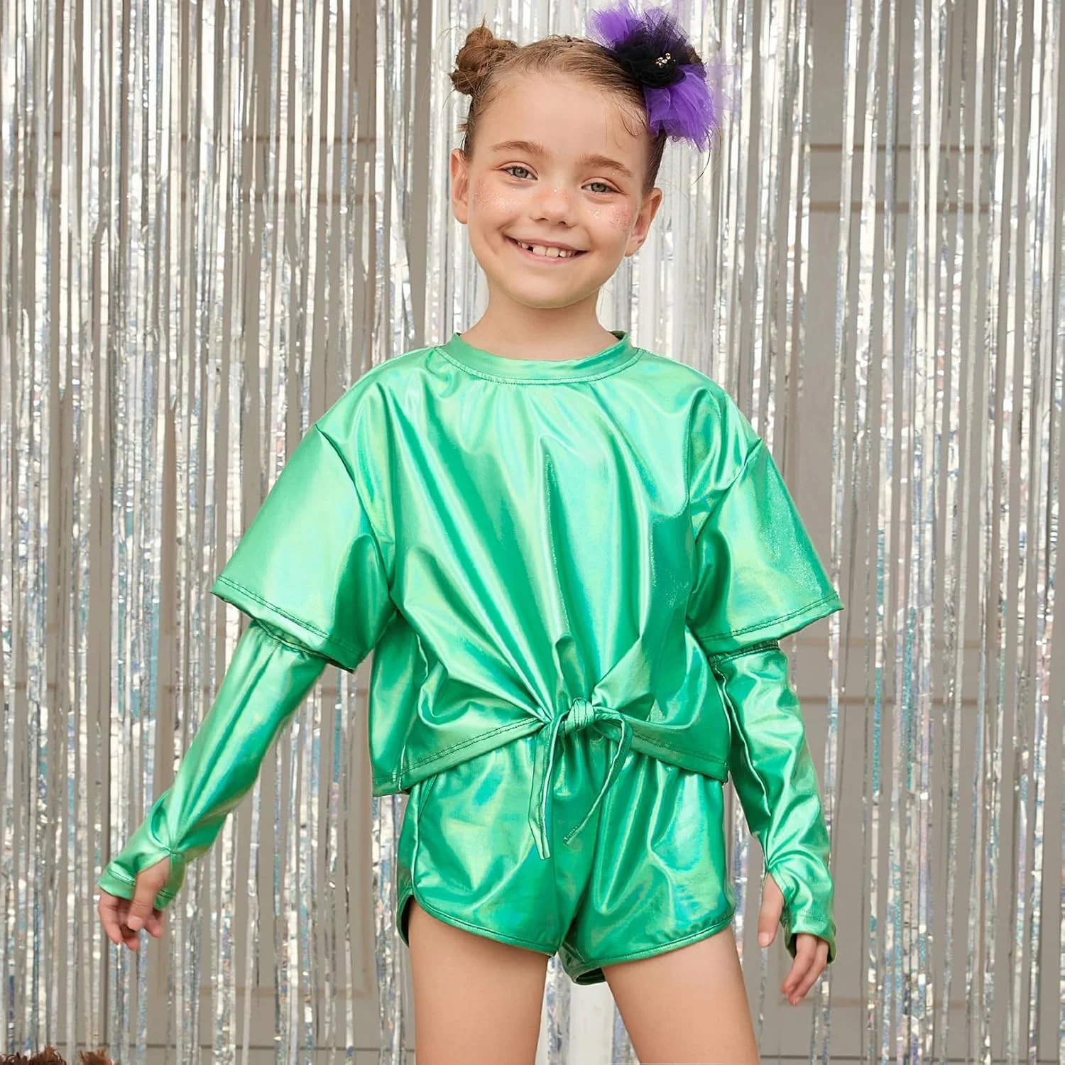 تاپ متالیک دخترانه پرفشن با آستین بازو مناسب رقص و فستیوال ها، سایز 4 تا 15 سال