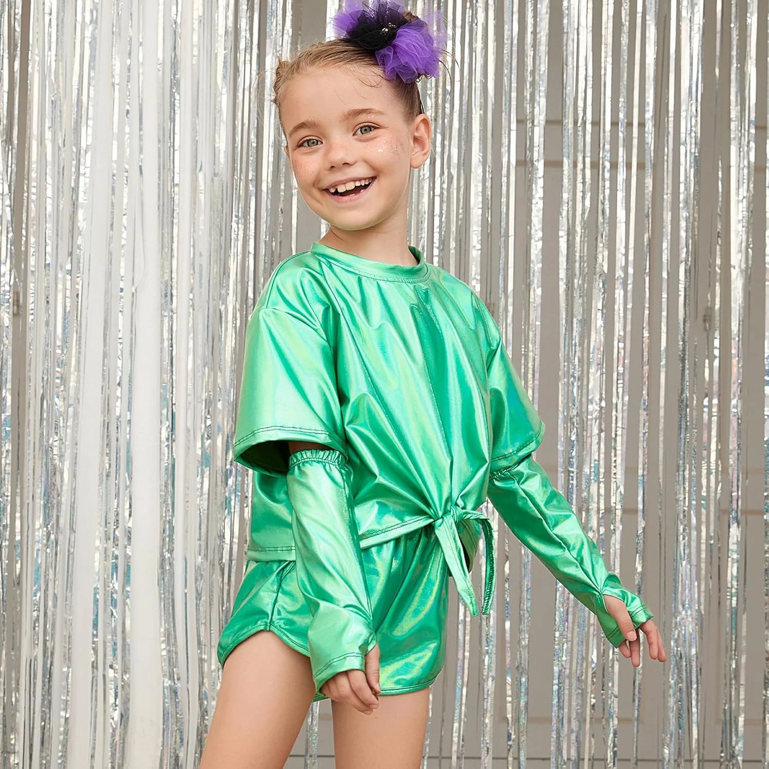 تاپ متالیک دخترانه پرفشن با آستین بازو مناسب رقص و فستیوال ها، سایز 4 تا 15 سال