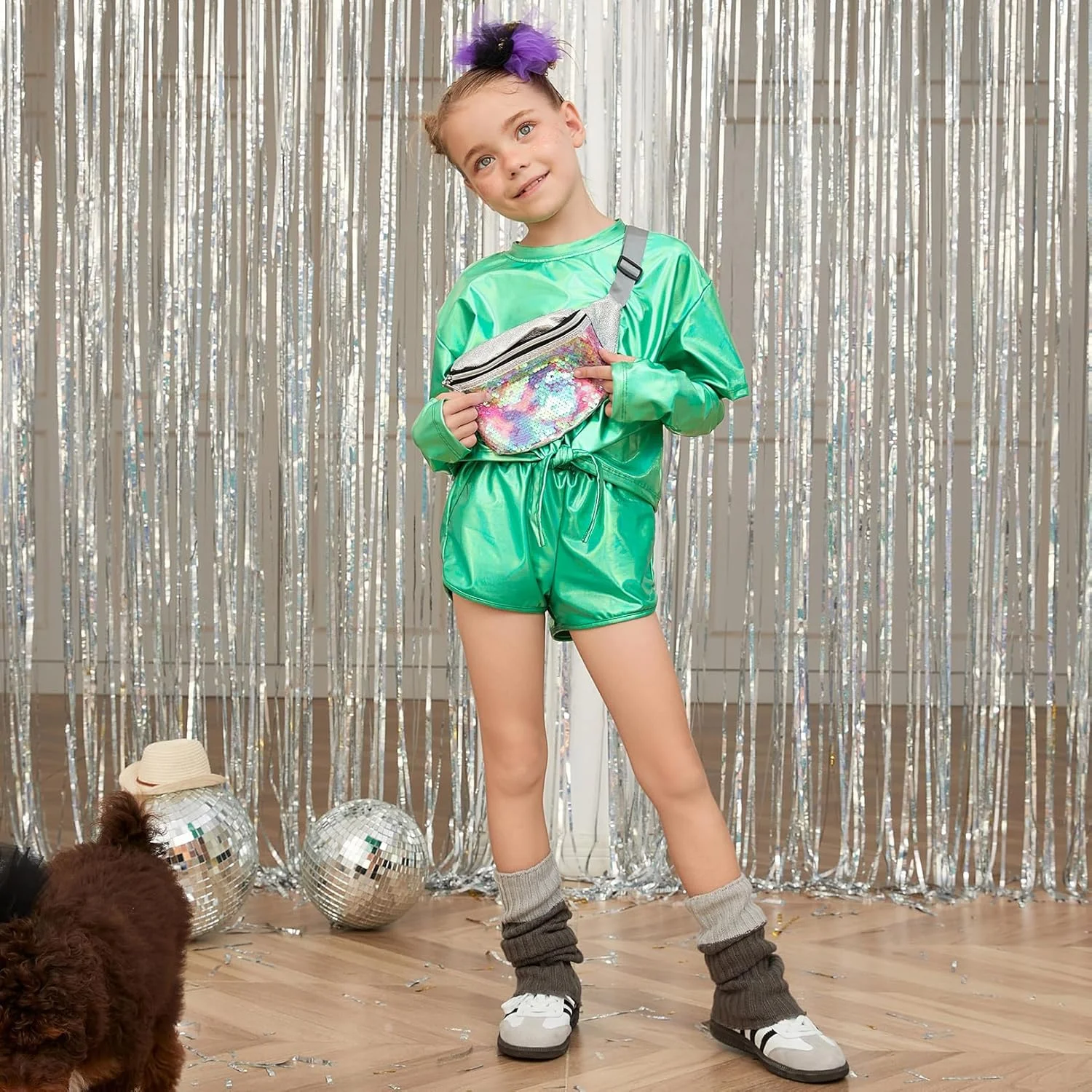 تاپ متالیک دخترانه پرفشن با آستین بازو مناسب رقص و فستیوال ها، سایز 4 تا 15 سال