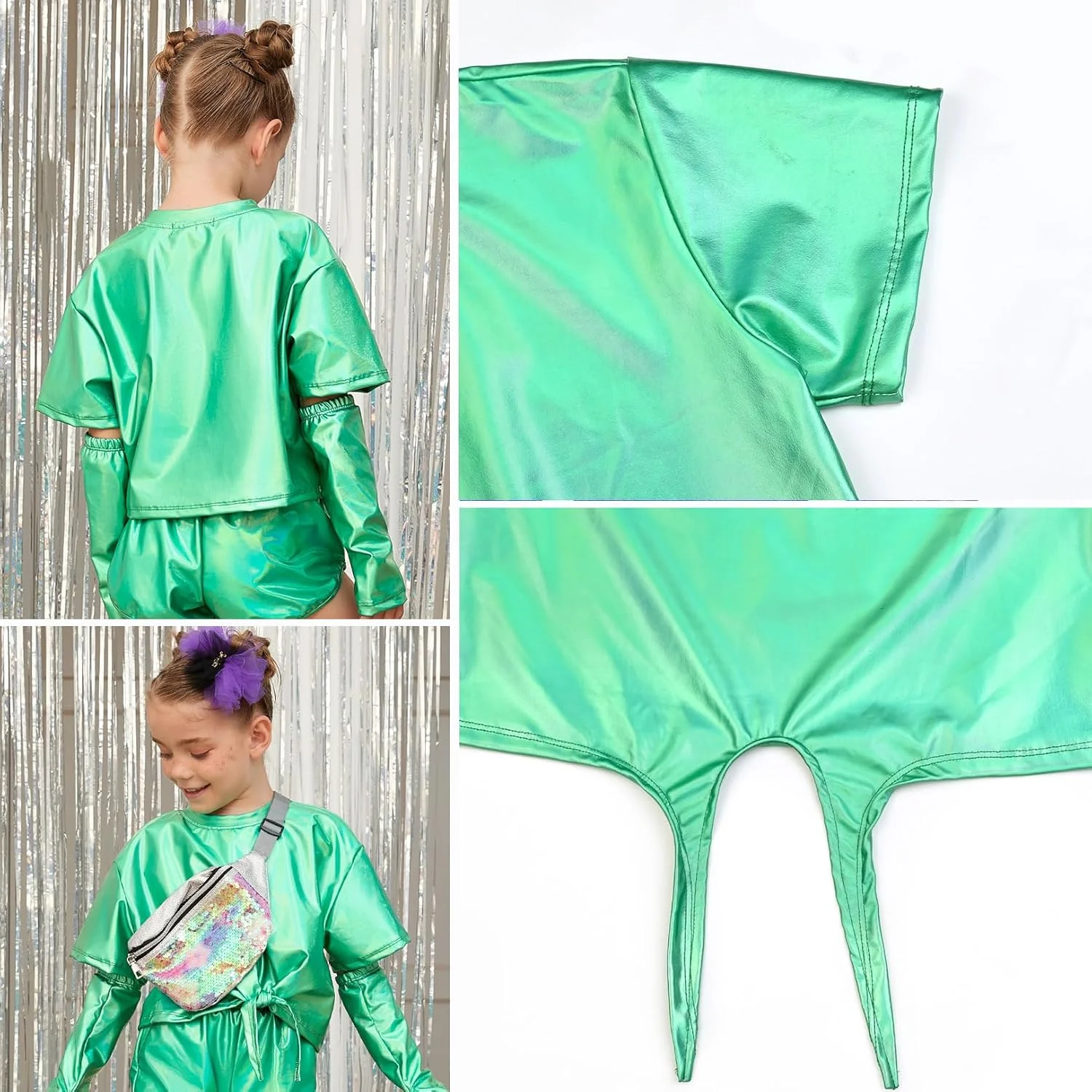 تاپ متالیک دخترانه پرفشن با آستین بازو مناسب رقص و فستیوال ها، سایز 4 تا 15 سال