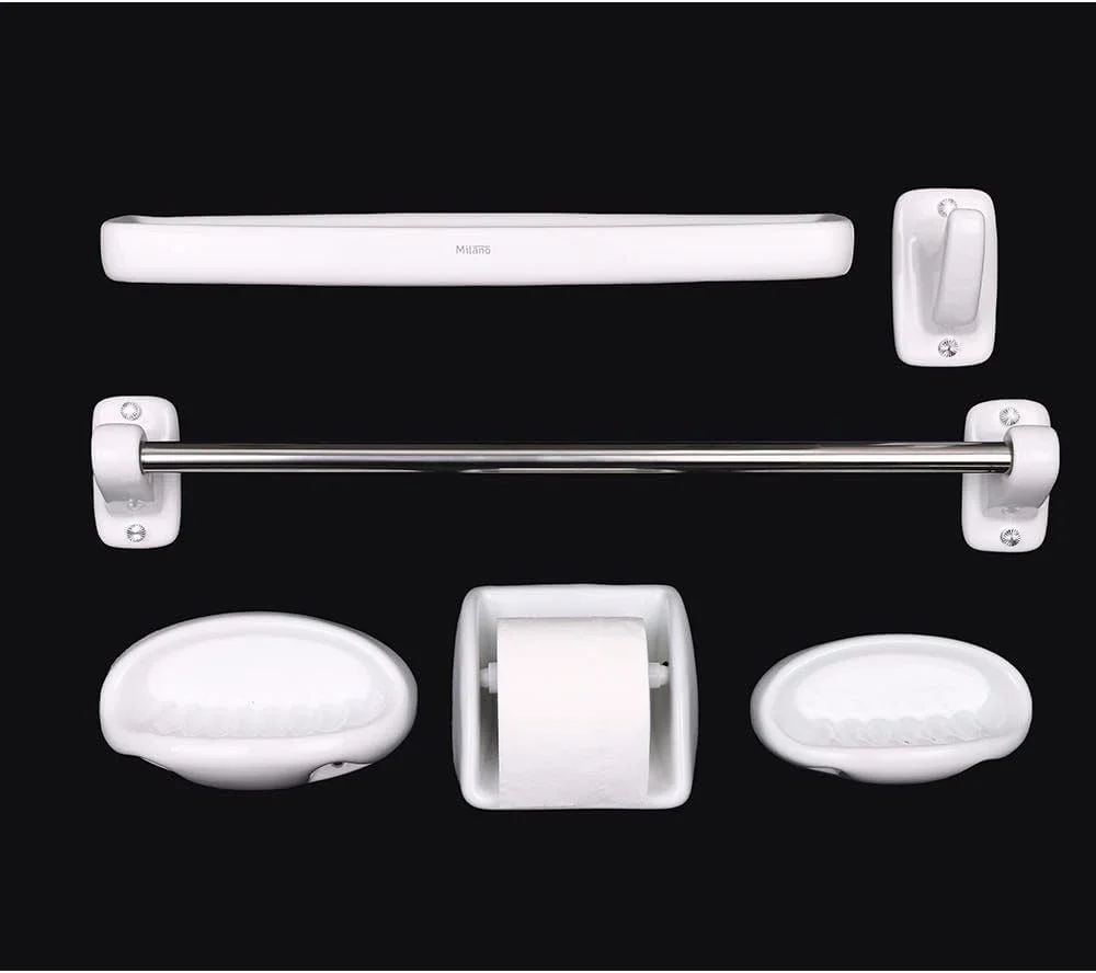 ست لوازم جانبی سرامیکی حمام میلان 6 تکه با میله حوله - کروم | میله حوله با روکش سرامیکی، جای صابون، جا کاغذی و موارد دیگر | سازمان دهنده و نگهدارنده حمام | لوازم مدرن حمام