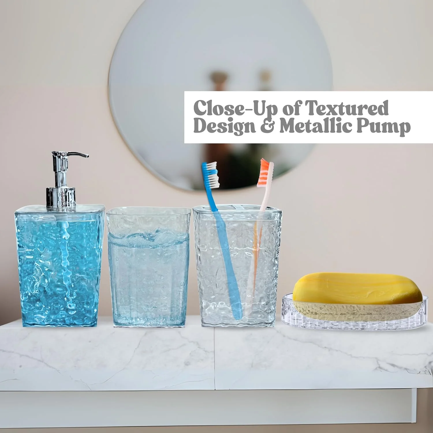 ست لوازم جانبی حمام فیلینگز، 5 تکه با سینی، بافت چکش خورده، ارگانایزر 28 سانتی متری (RC-KQ0868)