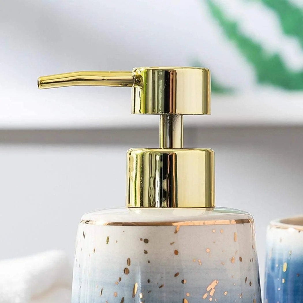 ست لوازم جانبی حمام سرامیکی آبی گرادیانی 4 تکه، شامل 2 لیوان قرقره، 1 جای صابون، 1 پخش کننده لوسیون، برای دکوراسیون رومیزی و هدیه خانه نویی