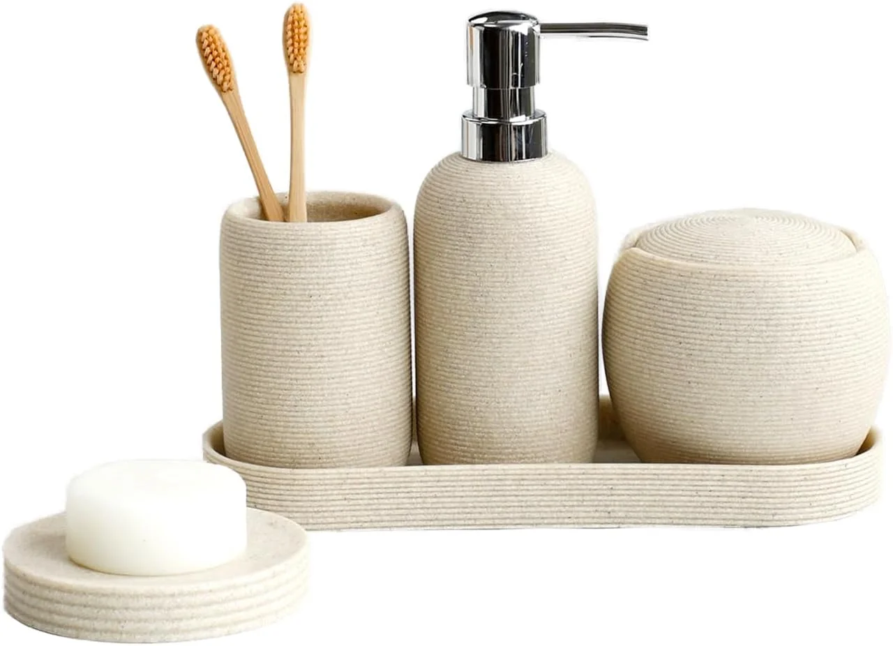 ست لوازم جانبی رزینی حمام، ست لوازم جانبی 5 تکه حمام شامل جا مایع، جای صابون، جا مسواکی، جا گوش پاک کن، دکوراسیون مدرن حمام و لوازم خانگی (زرد)