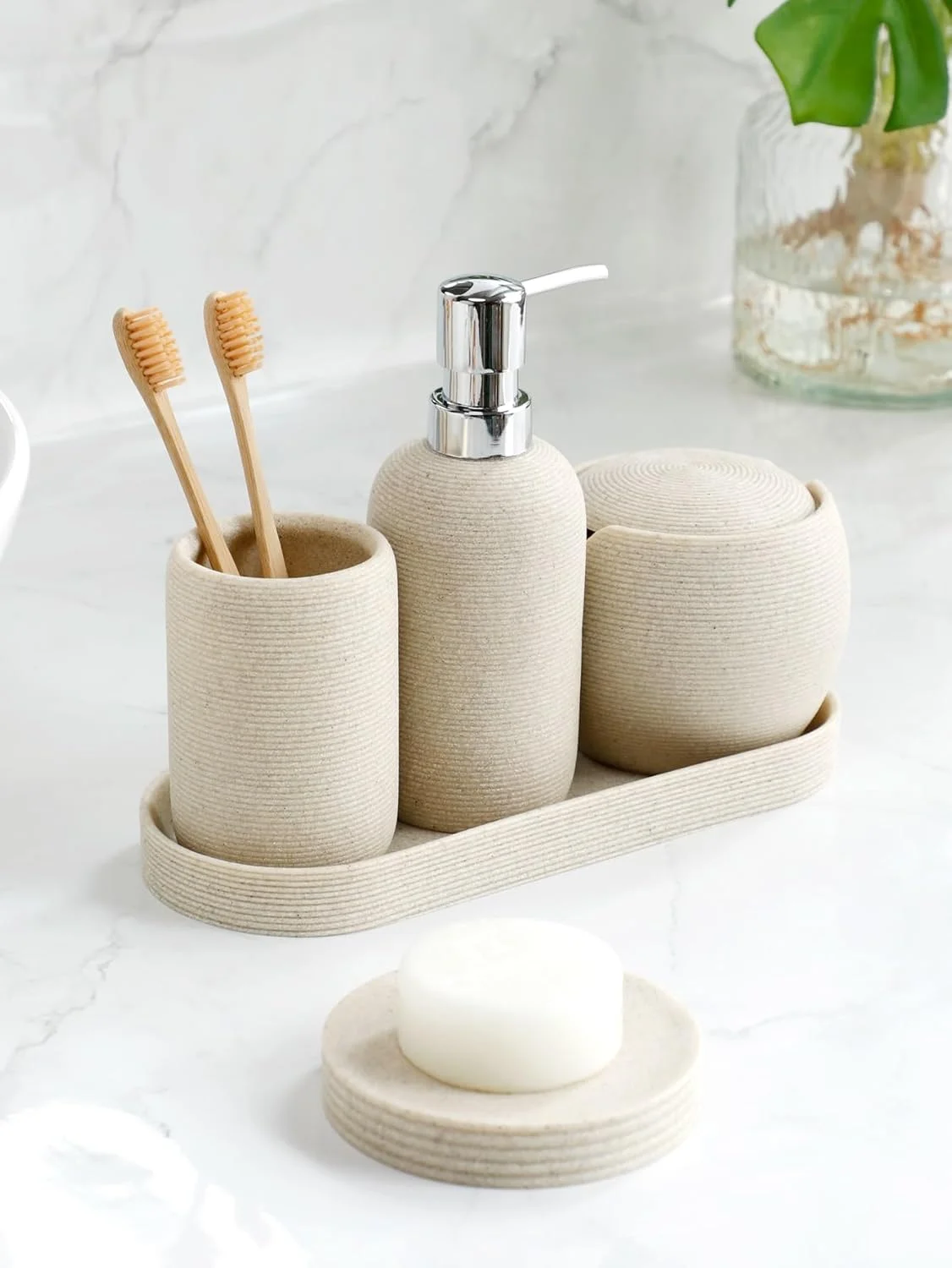 ست لوازم جانبی رزینی حمام، ست لوازم جانبی 5 تکه حمام شامل جا مایع، جای صابون، جا مسواکی، جا گوش پاک کن، دکوراسیون مدرن حمام و لوازم خانگی (زرد)