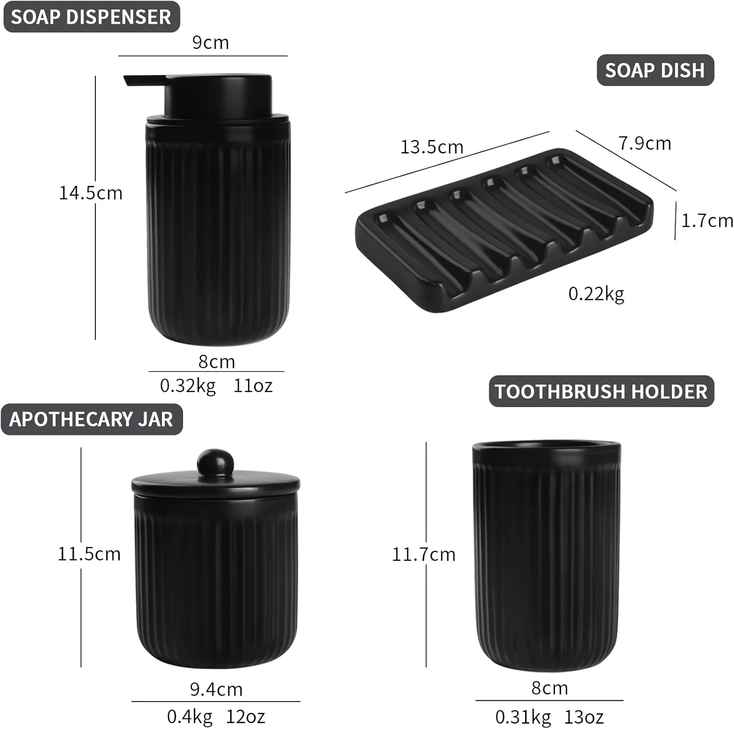 ست لوازم حمام سرامیکی مشکی 4 تکه شامل جا مایع دستشویی 350 میلی لیتری، لیوان مسواک، جا صابونی، ظرف گوش پاک کن، دکوری شیک حمام