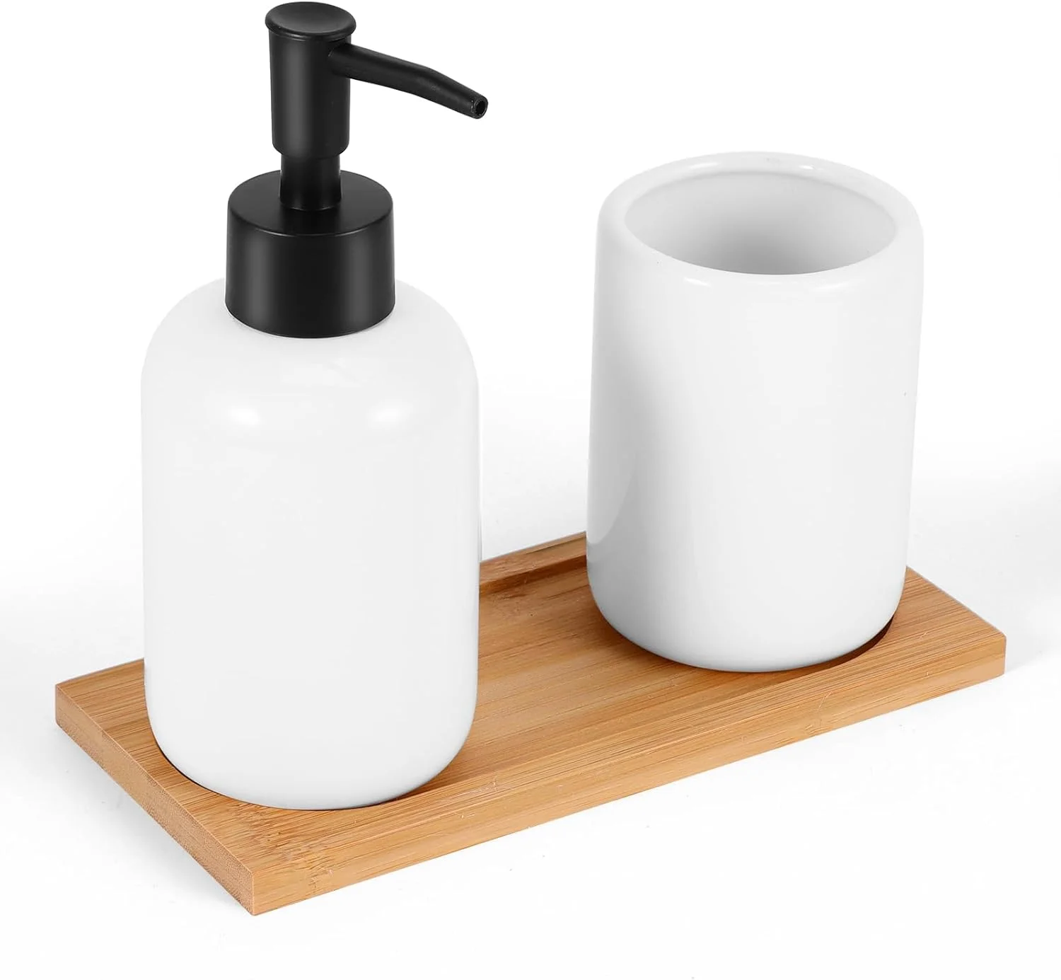 ست لوازم جانبی حمام، 3 تکه شامل جا مایع صابون، جا مسواکی و سینی بامبو، ست سرامیکی مدرن و قابل استفاده مجدد برای حمام، روشویی، سینک، وان (سفید-گرد)